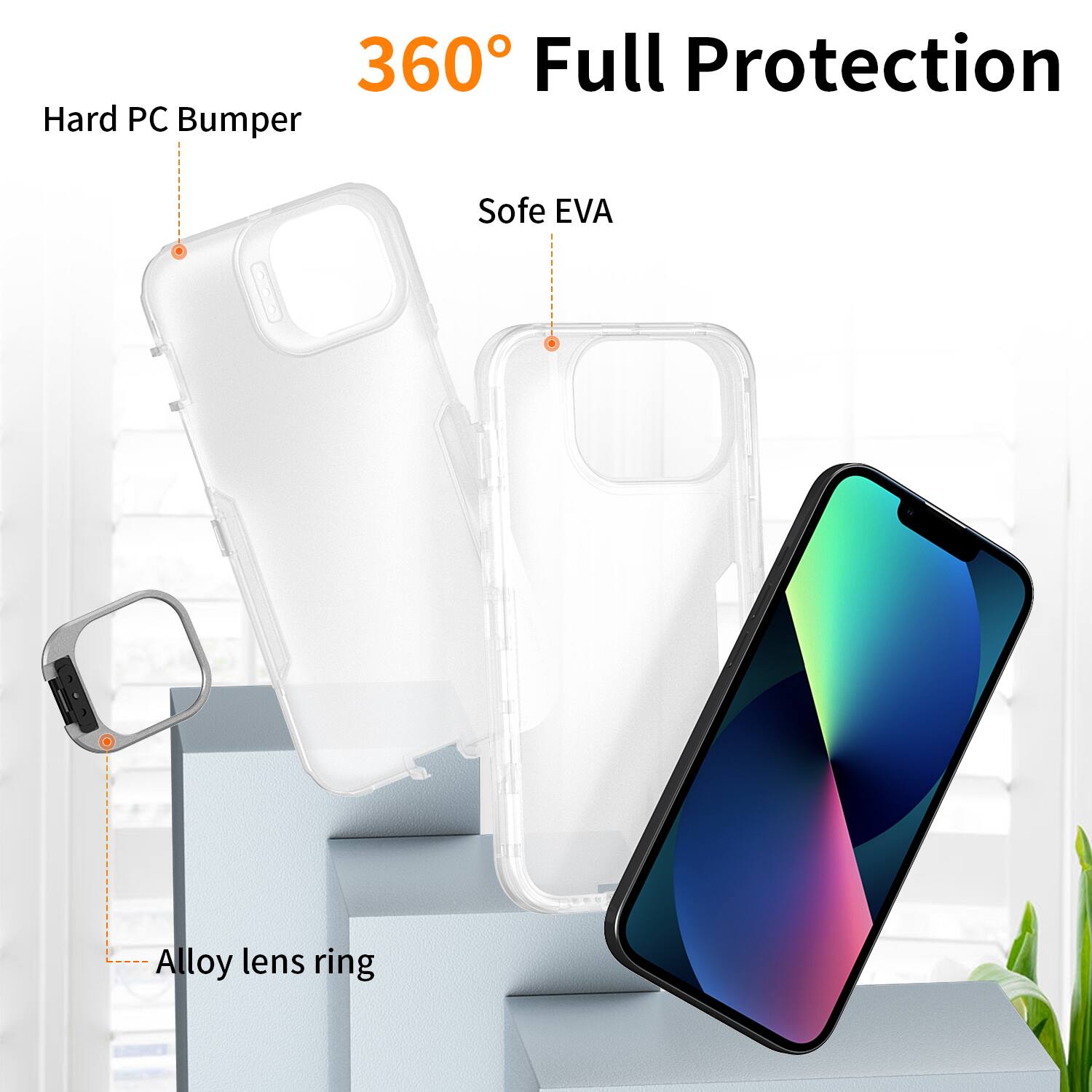 360° Full Protection  
Hard PC Bumper  
Soft EVA  
Alloy lens ring