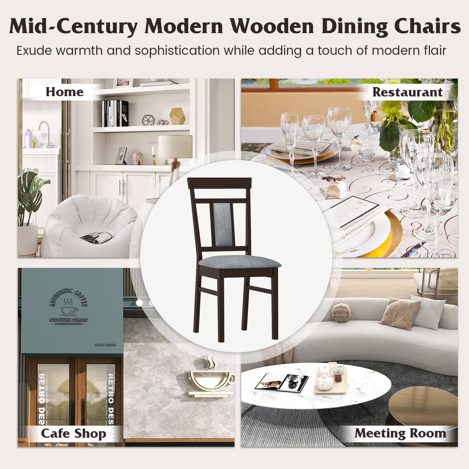 Mid-Century Modern Wooden Dining Chairs  
Exude warmth and sophistication while adding a touch of modern flair  

Home  
Restaurant  
Cafe Shop  
Meeting Room