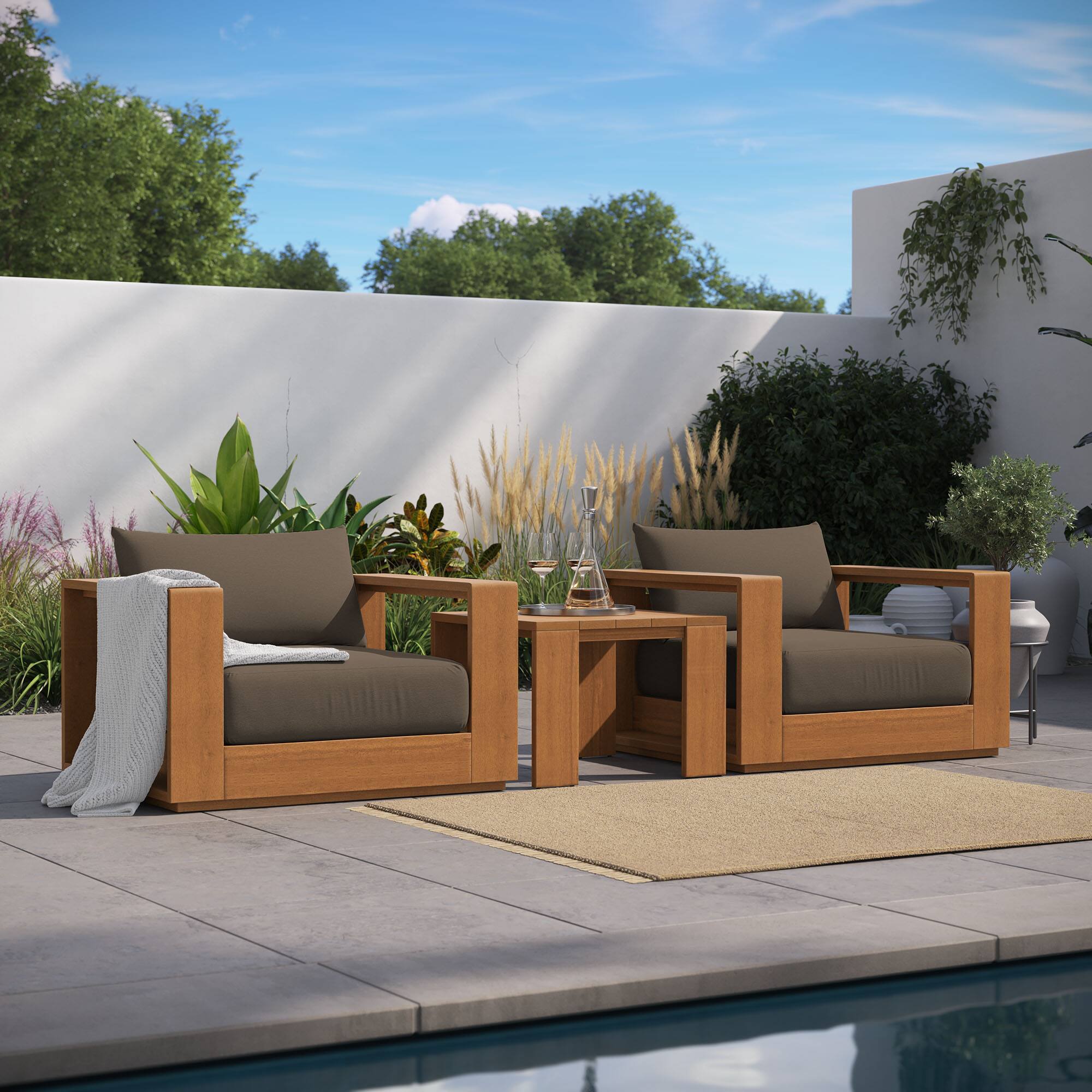 Alt View 6. Modway - Tahoe 3-Piece Acacia Wood Outdoor Patio Set - 2 Lounge Chairs and Side Table - Natural Cocoa.