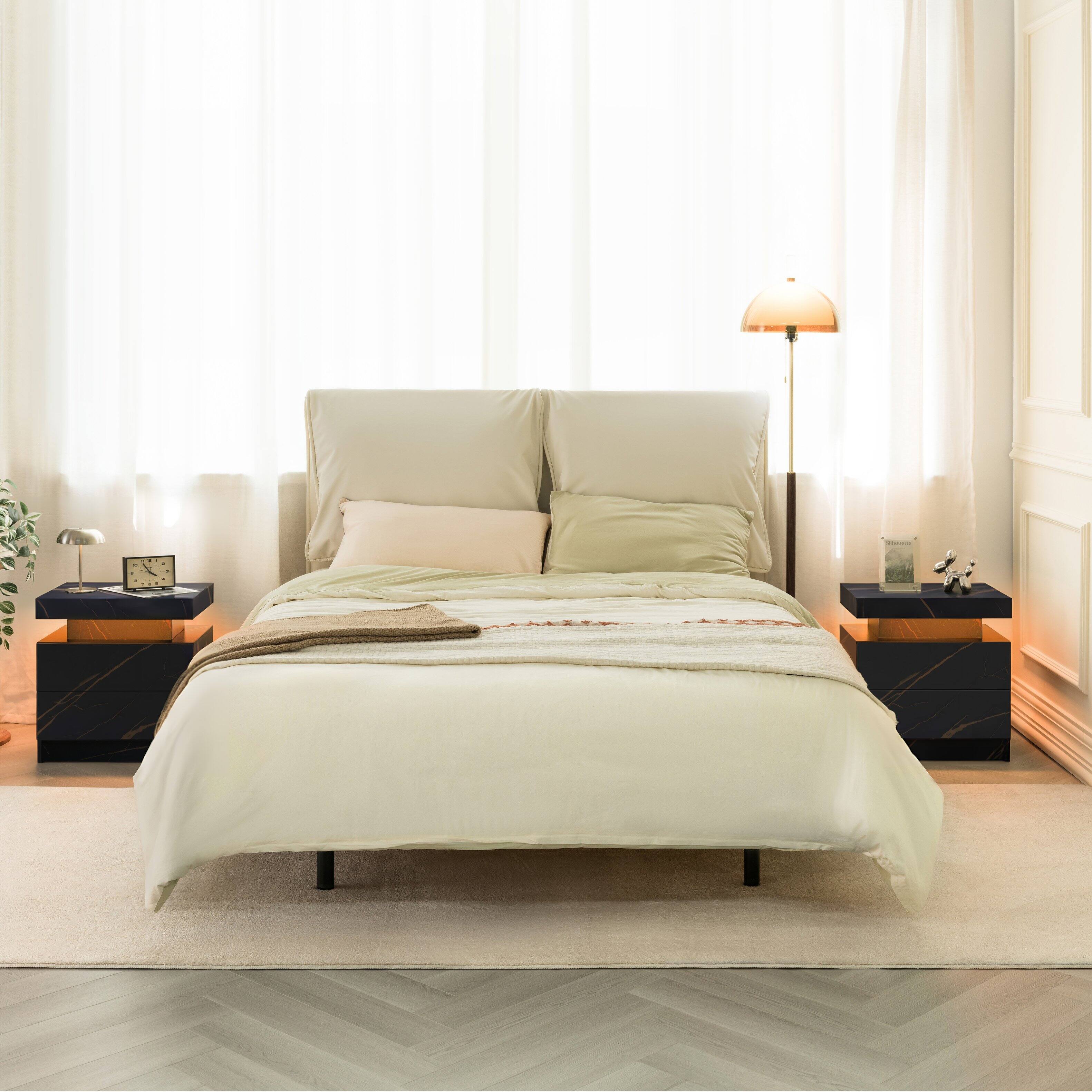 Alt View 6. Ecooso - LED Light Nightstand, Modern Bedside Table with Double Drawers, Bedroom End Table for Storage - Black/Gold.