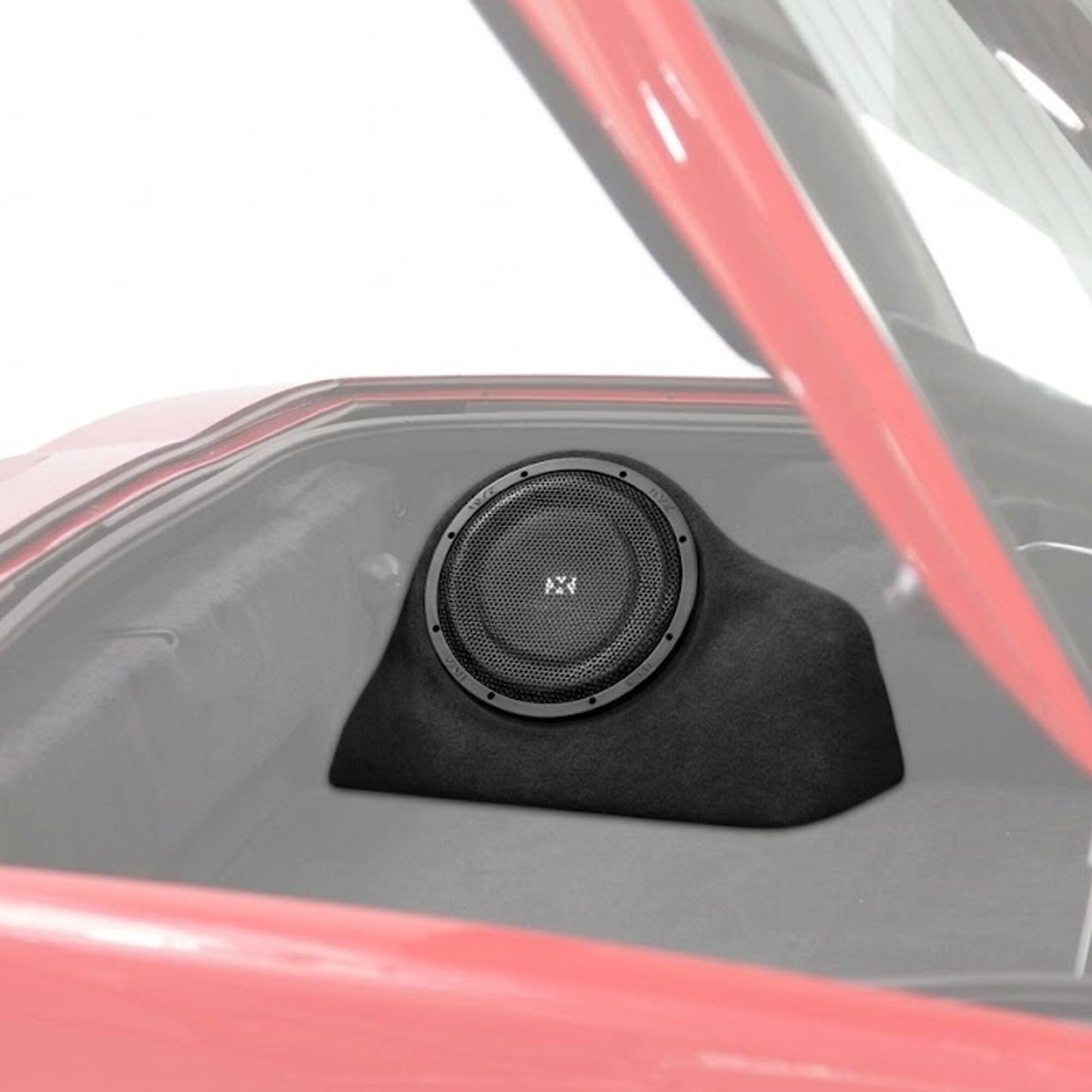 Angle. NVX - 2006-2013 Chevrolet Corvette C6 BOOST Box - 350W RMS Custom-Fit Loaded Single 10" Sealed Subwoofer Enclosure - Black.
