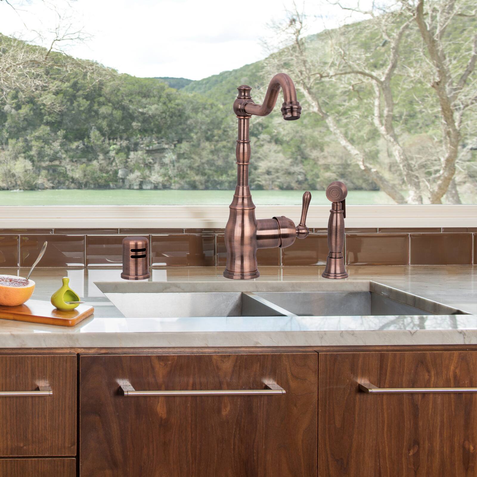 Alt View 4. Akicon - Akicon Solid Brass One-Handle 360° Swivel Widespread Kitchen Faucet with Side Spray in Antique Copper - Antique Copper.
