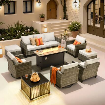 Front. Ovios - 10 PCS Patio Furniture, Wicker Sofa with 54" Fire Pit Table, High Back Armchair with Coffee Table & Ottoman - Gray.
