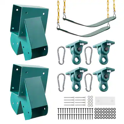 Front. VEVOR - Swing Set Brackets, Heavy-Duty A-frame Set Hardware, with 2 A-Frame Swing Brackets & 2 Seats & 4 Hangers - Green.