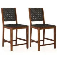 Costway - Woven Bar Stools Set of 2 Counter Height Dining Chairs Faux PU Leather Kitchen - Brown/Black - Front_Zoom
