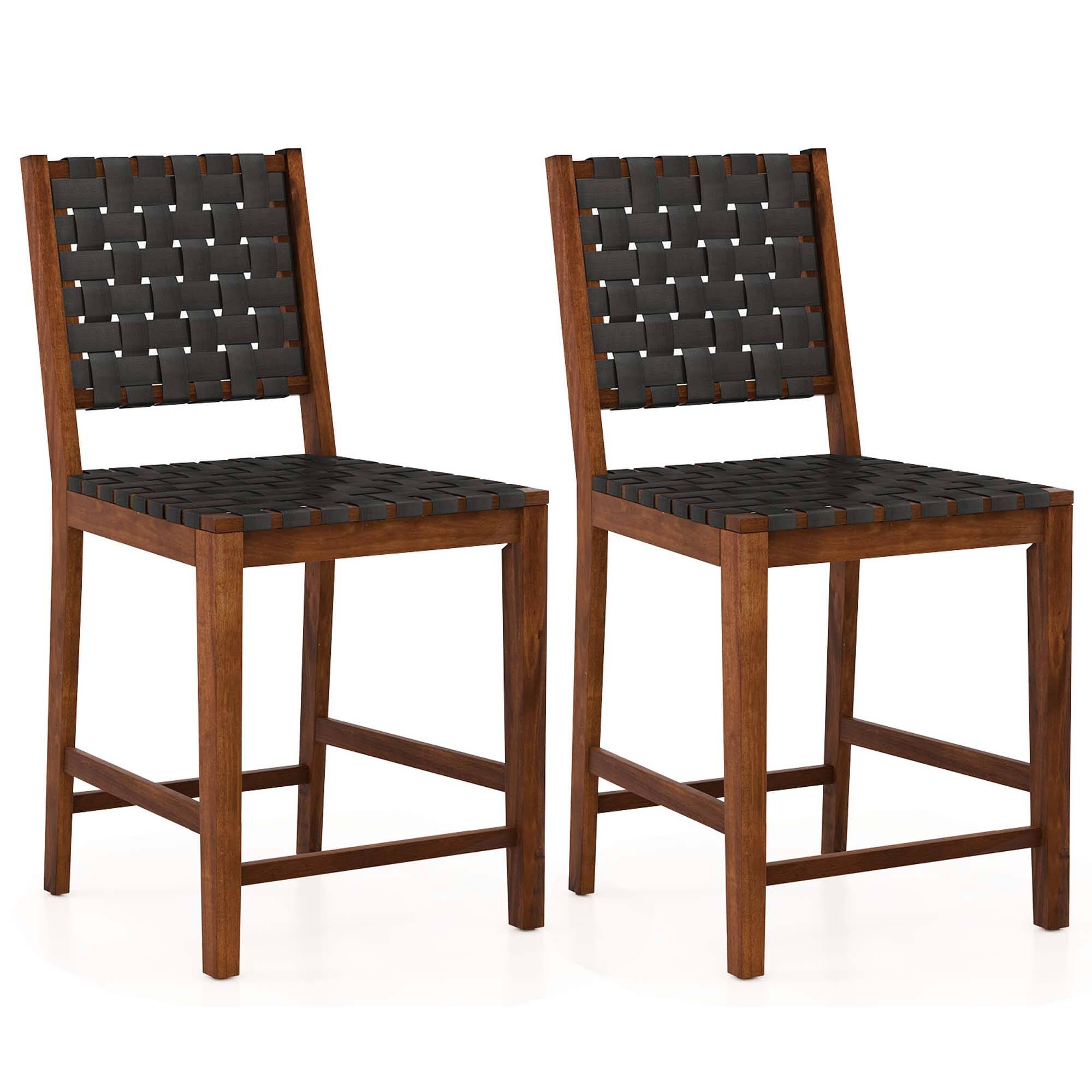 Costway - Woven Bar Stools Set of 2 Counter Height Dining Chairs Faux PU Leather Kitchen - Brown/Black