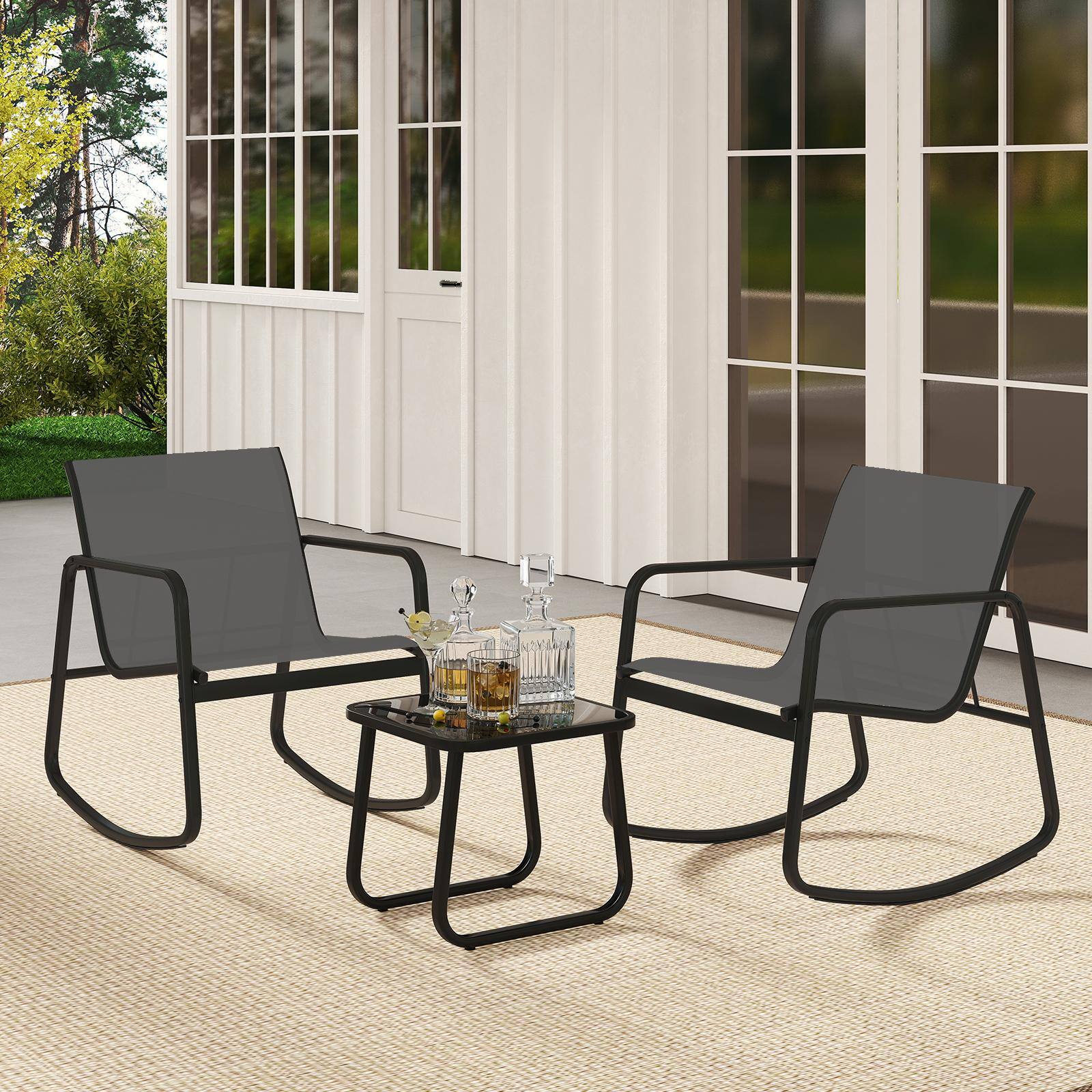 Alt View 3. Costway - Costway 3 Piece Patio Rocking Set 2 Rocking Bistro Chairs & Glass-Top Table for Porch - Black & Gray.
