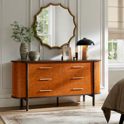 Front. Modway - Coralie Curved 6-Drawer Vegan Leather Oval Dresser by Modway - Walnut Tan.