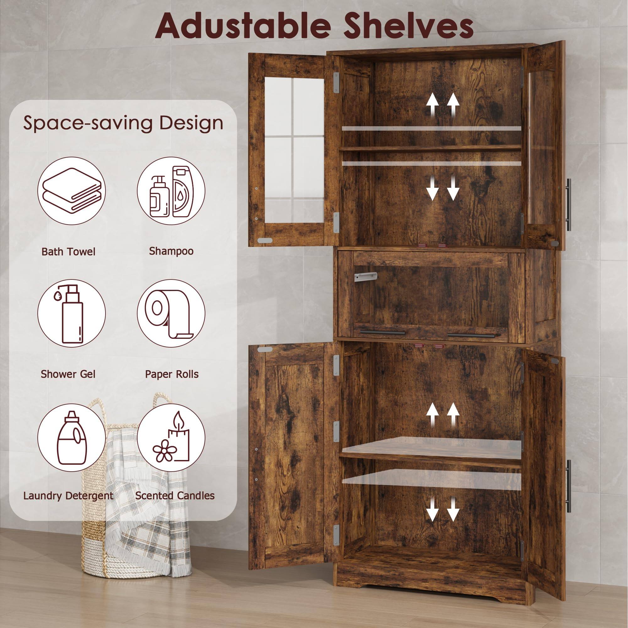 Adjustable Shelves

Space-saving Design

- Bath Towel
- Shampoo
- Shower Gel
- Paper Rolls
- Laundry Detergent
- Scented Candles