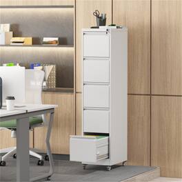 HTUTWOO - Metal Vertical File Cabinet with Lock - 5 Drawer Heavy Duty Storage Cabinet on Wheels, A4 Size, 17.71"D 15.16"W 64.17"H - White