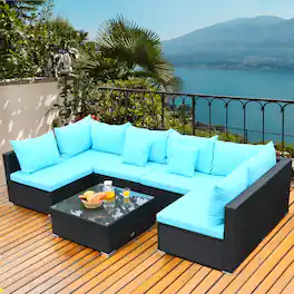 Gymax - 7PCS Rattan Patio Conversation Set Sectional Furniture Set w/ Cushion - Blue