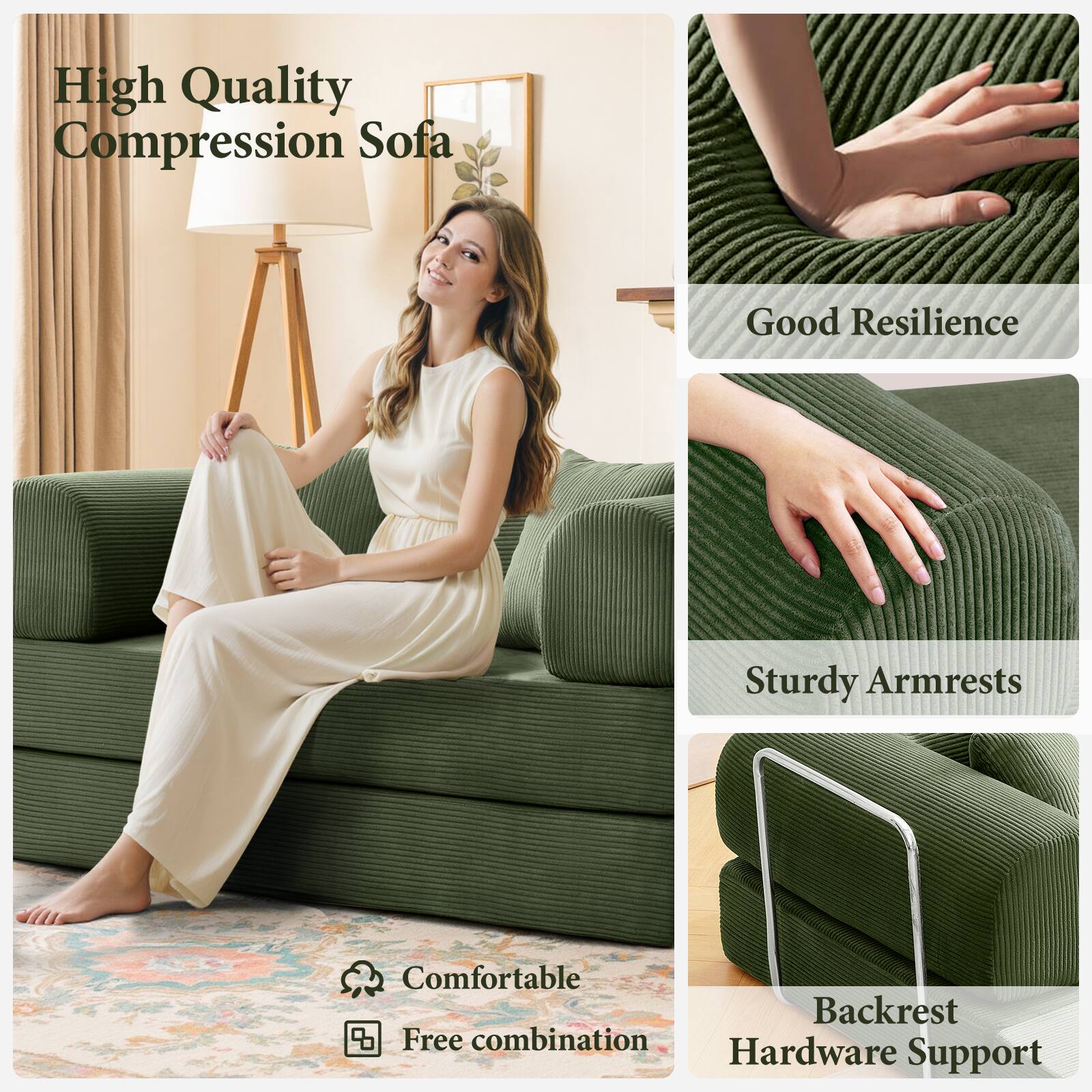 High Quality Compression Sofa
- Good Resilience
- Sturdy Armrests
- Comfortable Backrest
- Free combination
- Hardware Support