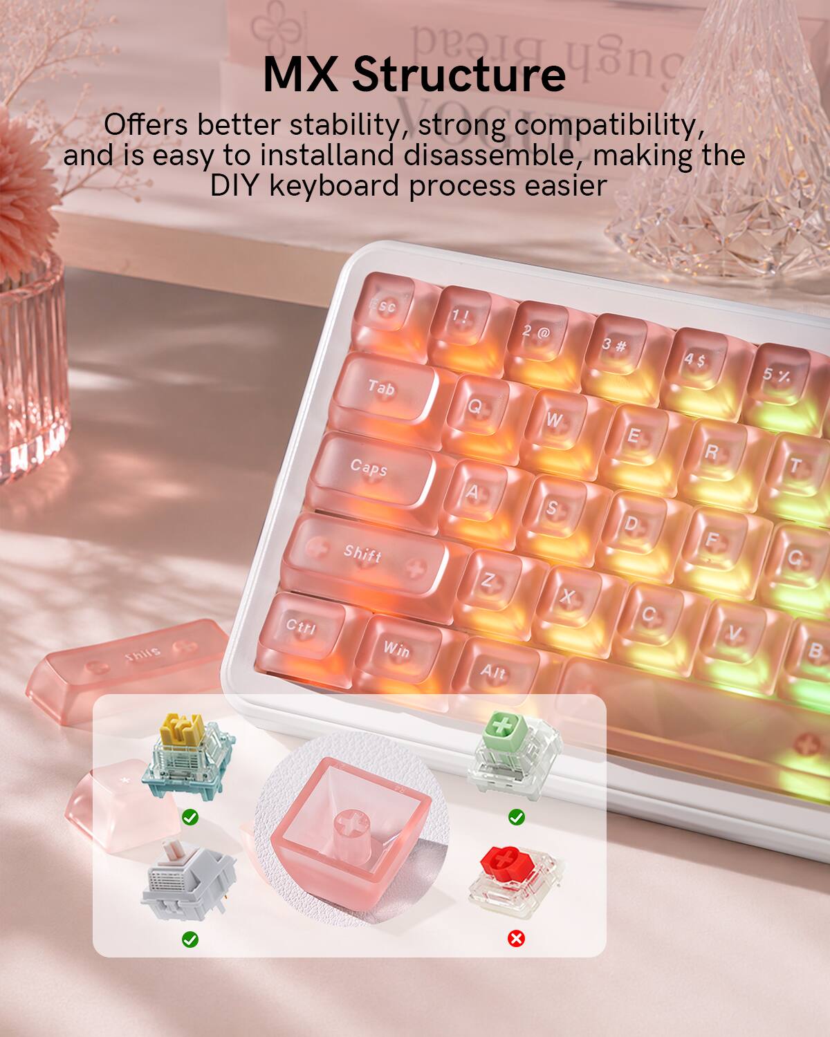 MX Structure

Offers better stability, strong compatibility, and is easy to install and disassemble, making the DIY keyboard process easier

Thifs Ctl ESC Tab Caps Shift Win 1! 2@ Q W A S Z X Alt 3# E D C 4$ R F V 5 T G B