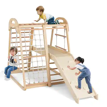 Front. Costway - Costway 8-in-1 Jungle Gym with Slide, Monkey Bar, Swing, Rope Ladder, Resting Platform, Net - Natural.