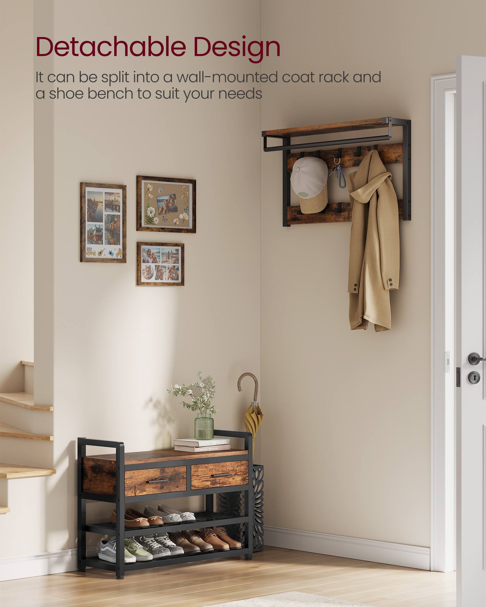 Detachable Design  
It can be split into a wall-mounted coat rack and a shoe bench to suit your needs
