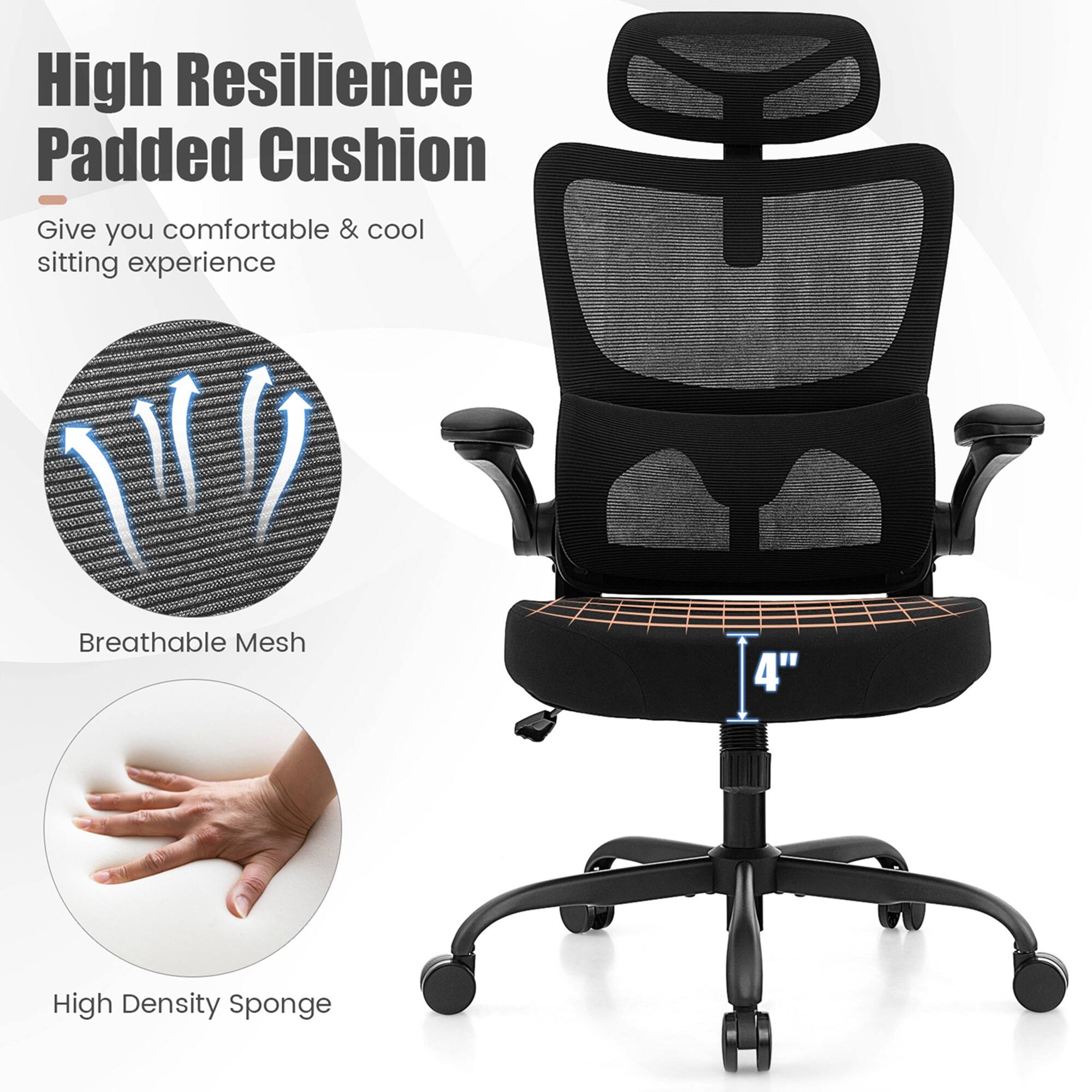 High Resilience Padded Cushion - Give you comfortable & cool sitting experience Breathable Mesh 4" High Density Sponge