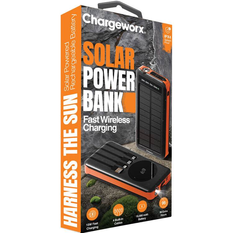Battery Chargeworx. IPX4 Splash Proof Powered Rechargeable SOLAR Solar POWER 29% SO% 79% 190% SUN BANK Fast Wireless Charging THE HARNESS Charging 15W Fast 4 8888 Cables Built-In 16,000 Battery mAh 96 Hours 96 Extra