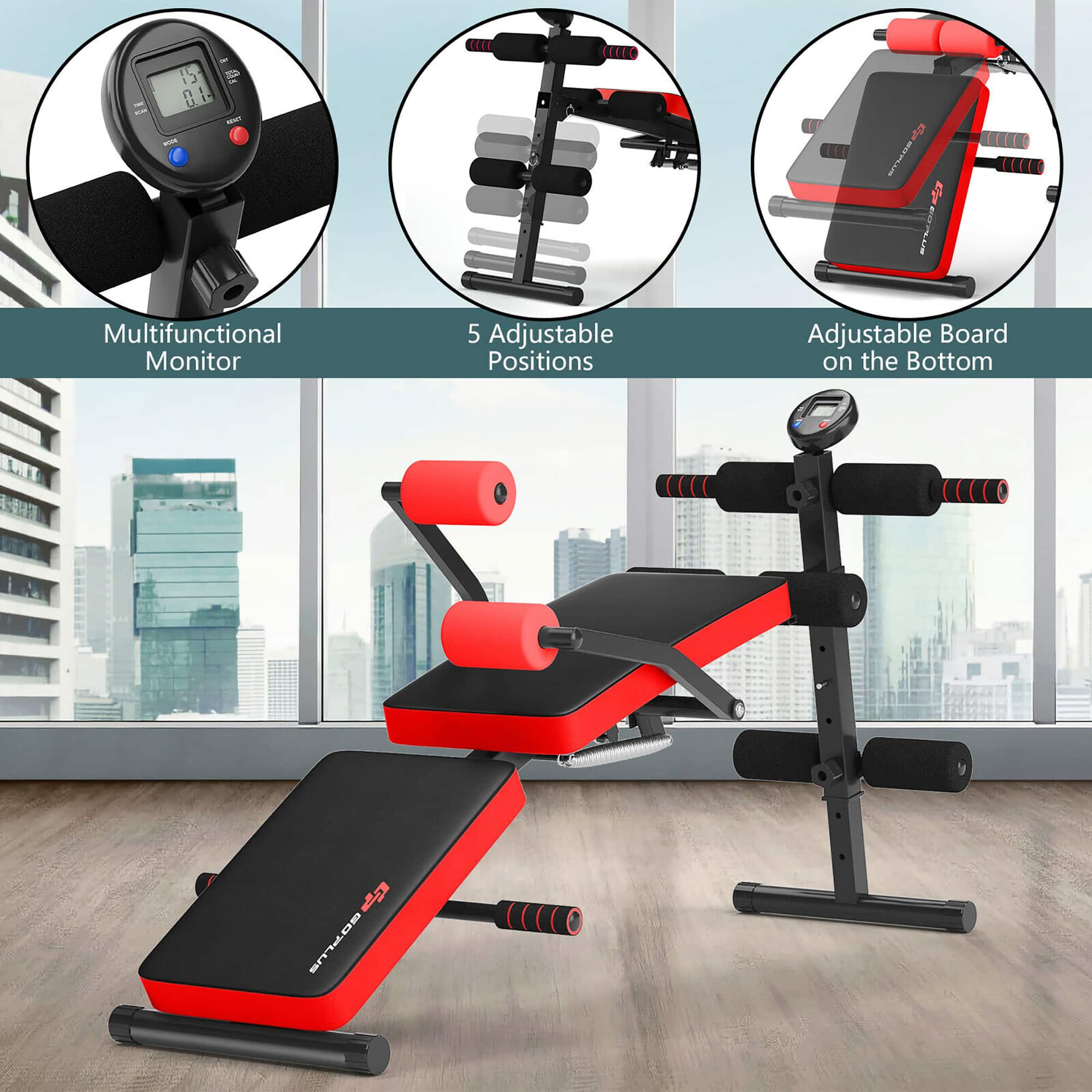 The image features a red exercise machine with a monitor, which is advertised as having a multifunctional monitor and 5 adjustable positions. The machine also has an adjustable board on the bottom, making it a versatile piece of equipment for various workout routines.