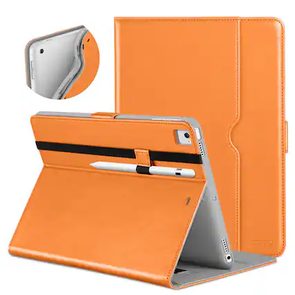 Front. DTTO - for iPad 9.7 Inch 5th/6th Gen 2018/2017 Case with Apple Pencil Holder, Premium Leather Folio Stand Cover Case - Orange.