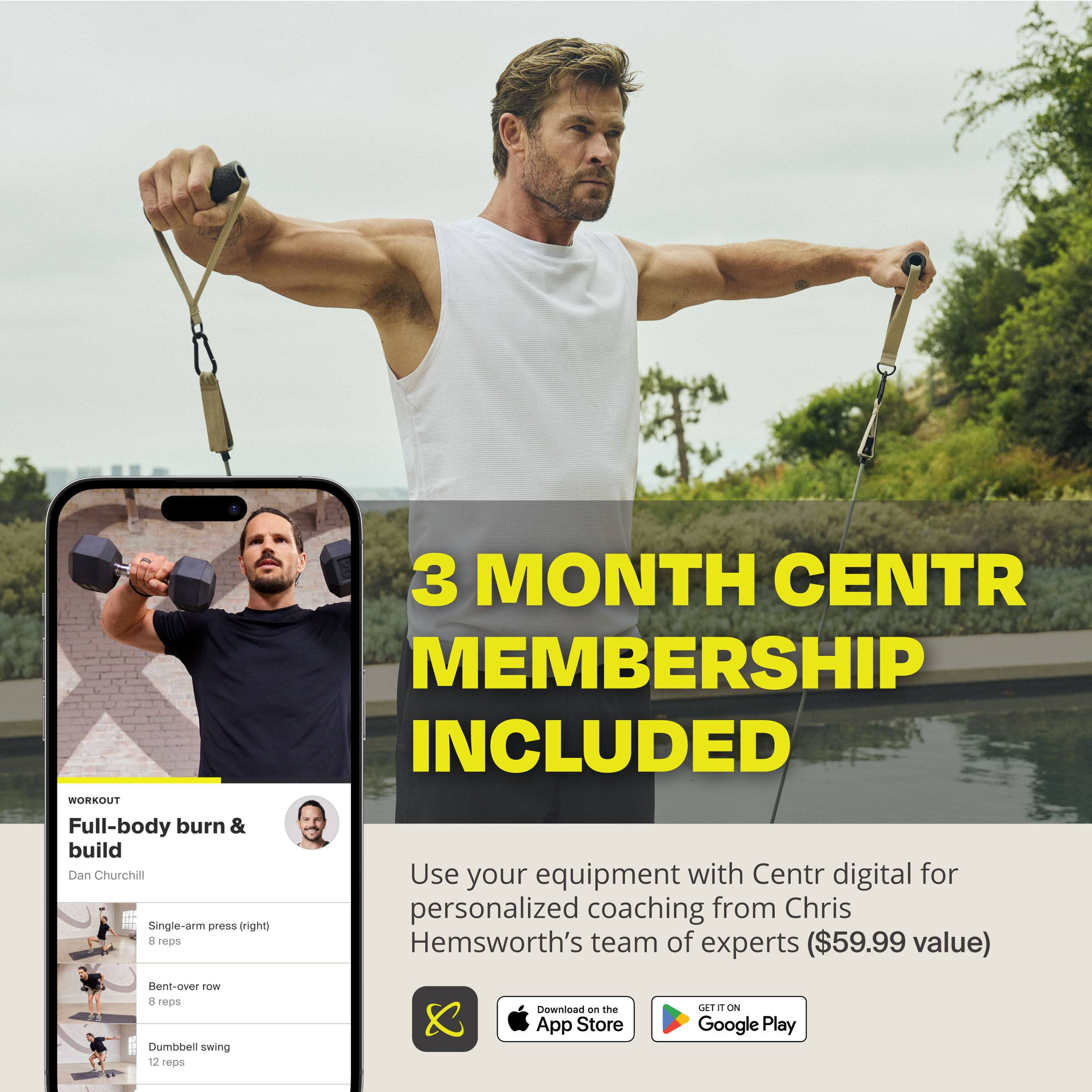 "3 Month Centr Membership Included: Workout Full-body burn & build with Dan Churchill. Use your equipment with Centr digital for personalized coaching from Chris Hemsworth's team of experts ($59.99 value). Single-arm press (right) and dumbbell swing (12 reps). Download on the App Store and Google Play."