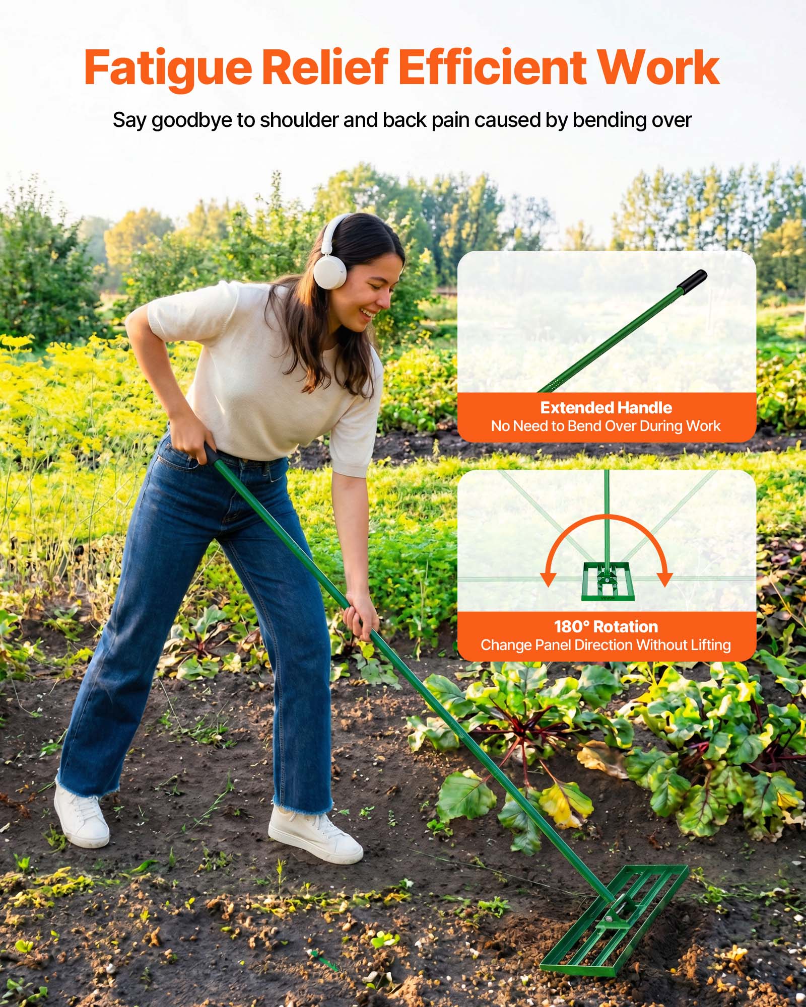 Fatigue Relief Efficient Work  
Say goodbye to shoulder and back pain caused by bending over  

Extended Handle  
No Need to Bend Over During Work  

180° Rotation  
Change Panel Direction Without Lifting