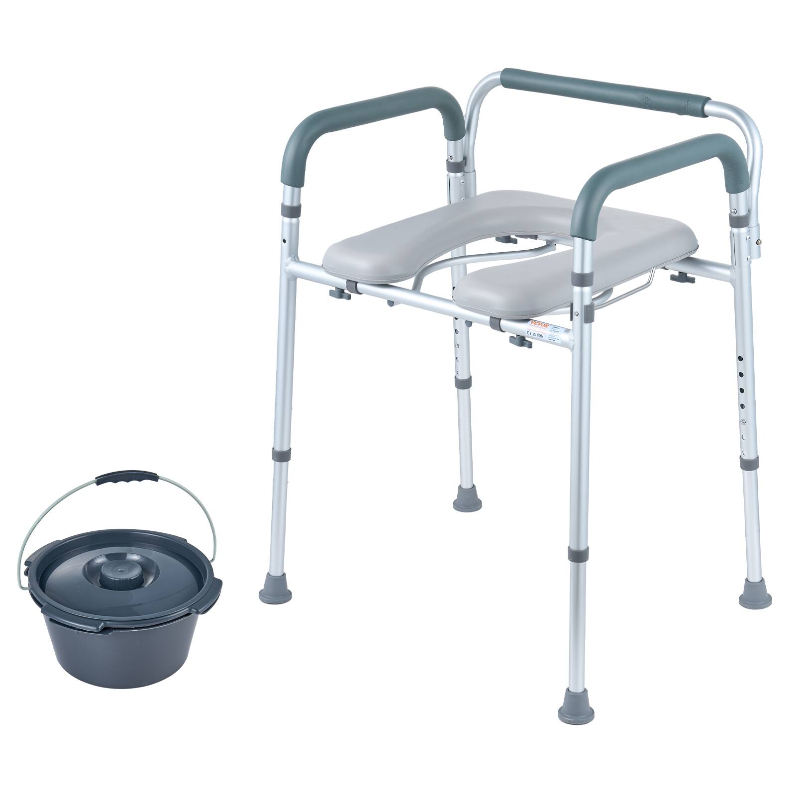 Alt View 5. VEVOR - Commode Chair, Bedside Commode with Padded Seat and Arms, 7-Level Adjustable Height, 5.8L Removable Bucket - Silver.