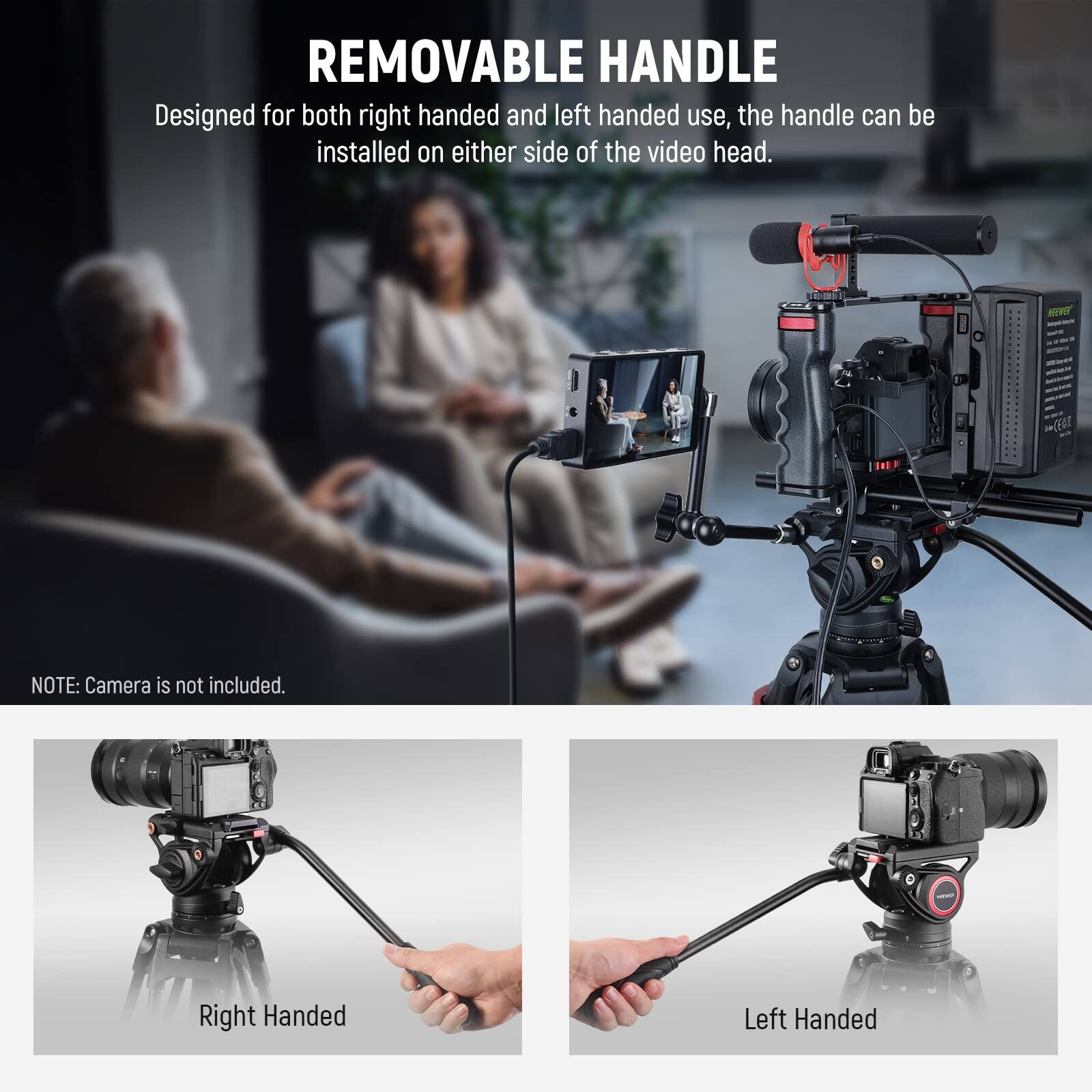 **REMOVABLE HANDLE**

Designed for both right handed and left handed use, the handle can be installed on either side of the video head.

**NOTE:** Camera is not included.

**Right Handed**

**Left Handed**