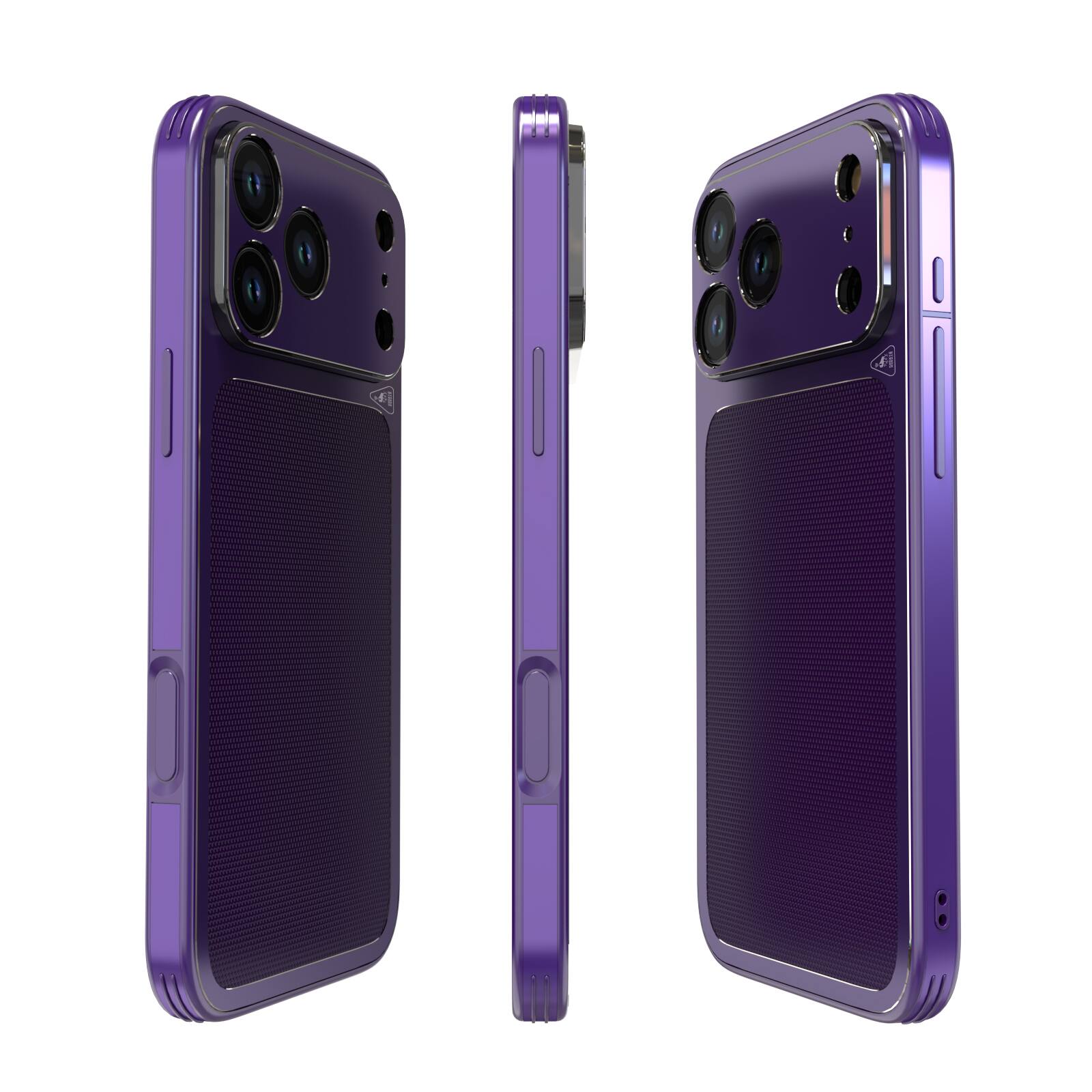 Angle. Dteck - Ultra-Thin PU Leather Texture Case for Apple iPhone 17 Pro Max, Metal Rugged Protective Cover, Precision Camera Cutouts - Purple.