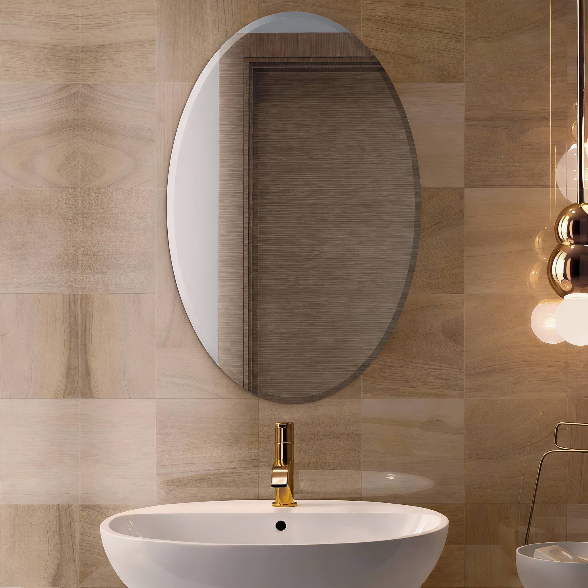 Left. METALTON - Oval Beveled Edge With Safety Backing Frameless Wall Mounted Hooks For Bedroom Vanity Room Bathroom Living - 36"L x 24"W Oval.