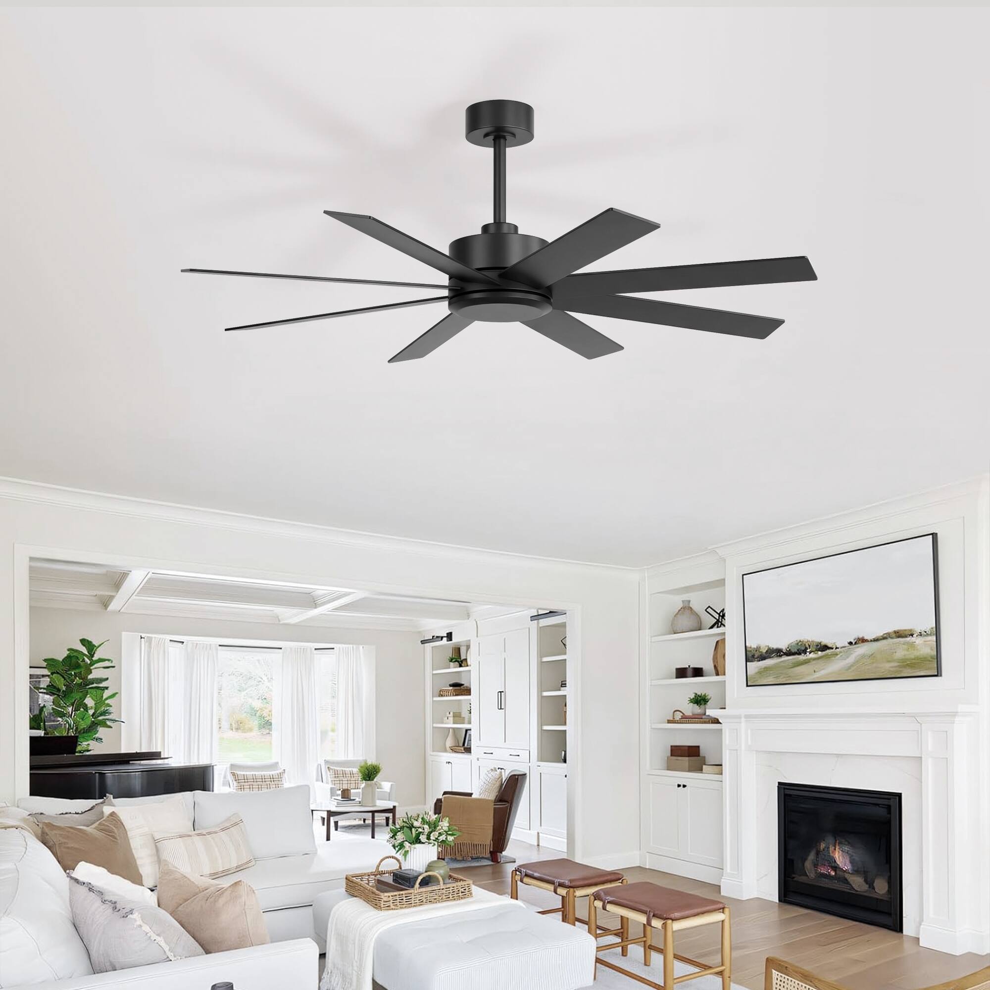 Left. Breezary - 52-Inch Ceiling Fan without Light, 8 Blades, 6-Speed Remote Control, Downrod Mount, Ultra-Quiet Motor - Black and Walnut.