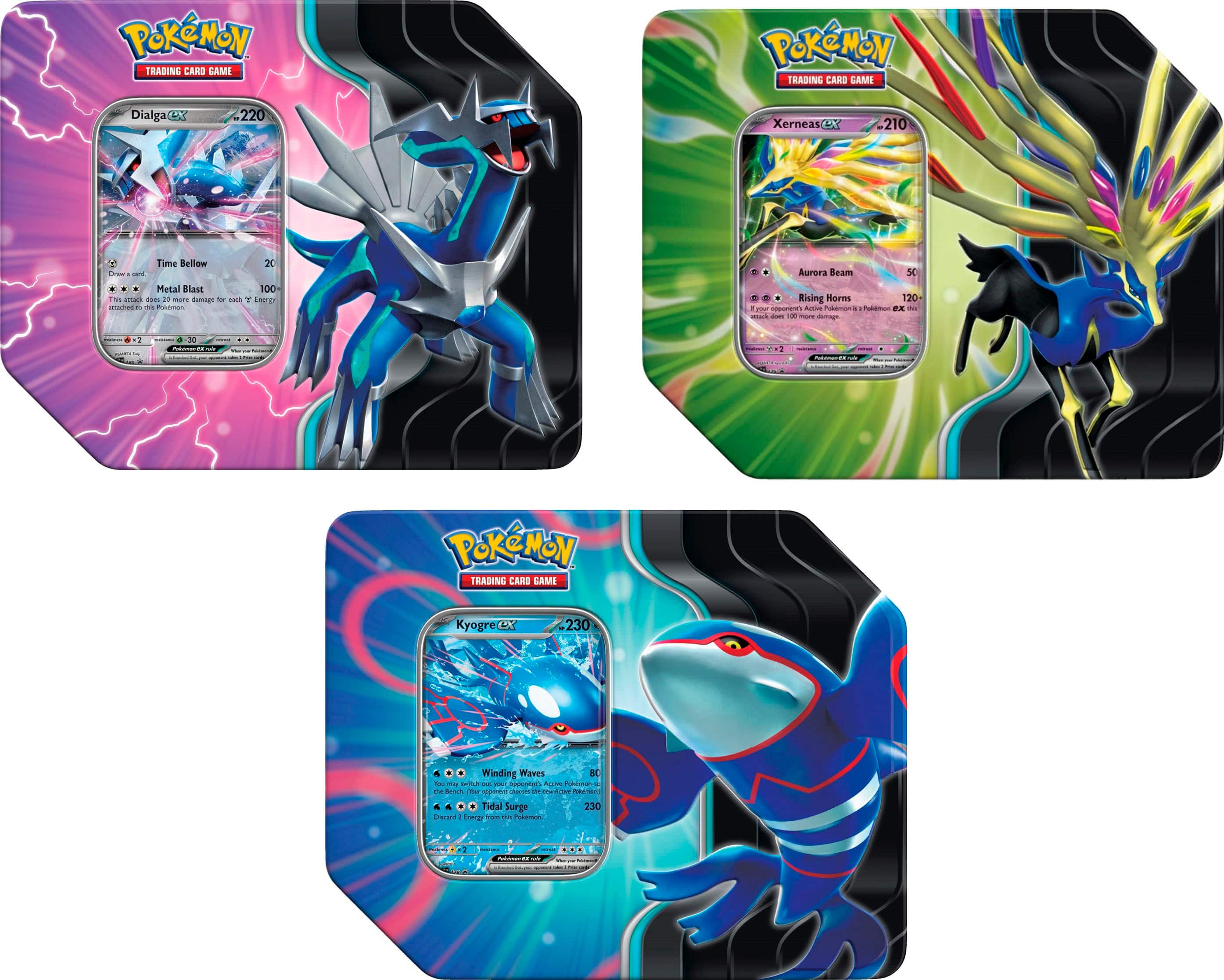 Pokemon Trading Card Game:
1. Dialga X 220
2. Xerneas CX - 210
3. Metal Blast 100
4. Aurora Beam 50
5. Rising Hores 120
6. Winding Waves BC - 230
7. Tidal Surge 230
The image features a collection of Pokemon cards, with each card showcasing a unique Pokemon character. The cards are arranged in a visually appealing manner, highlighting the different Pokemon characters and their respective abilities. The cards are designed to be used in the Pokemon Trading Card Game, allowing players to engage in exciting battles and strategic gameplay.