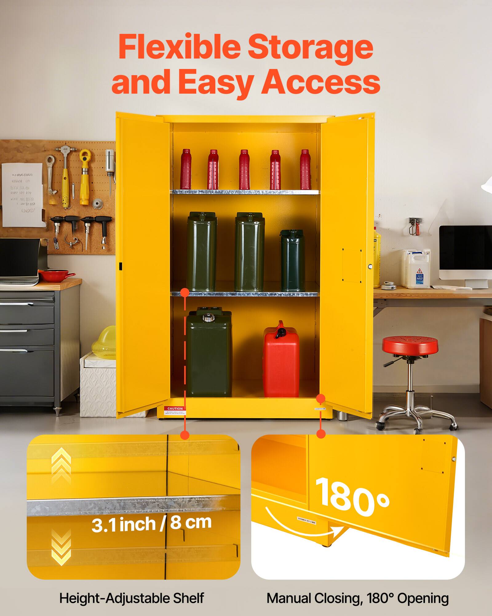 Flexible Storage and Easy Access

- Height-Adjustable Shelf: 3.1 inch / 8 cm
- Manual Closing, 180° Opening