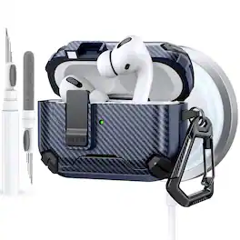 Dteck - Case for Airpods Pro 3rd Gen (2025) with Magnetic Lock,Compatible with Mag Safe,Carbon Fiber Texture Cover + Carabiner - Darkblue