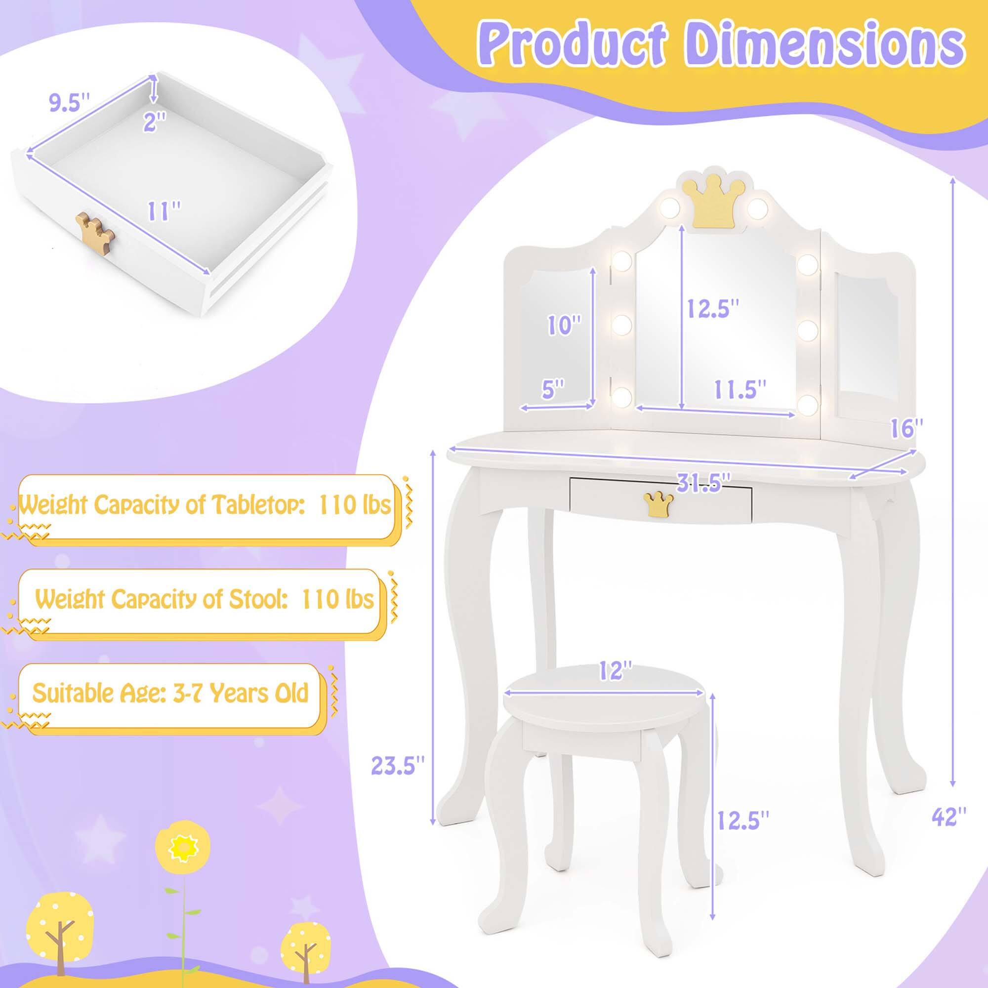 Here is the corrected and grouped text:

**Product Dimensions:**
- Tabletop: 9.5" x 11" x 2"
- Table: 10" x 11.5" x 16" x 31.5"
- Stool: 12" x 12.5" x 23.5"

**Weight Capacity:**
- Tabletop: 110 lbs
- Stool: 110 lbs

**Suitable Age:**
- 3-7 Years Old