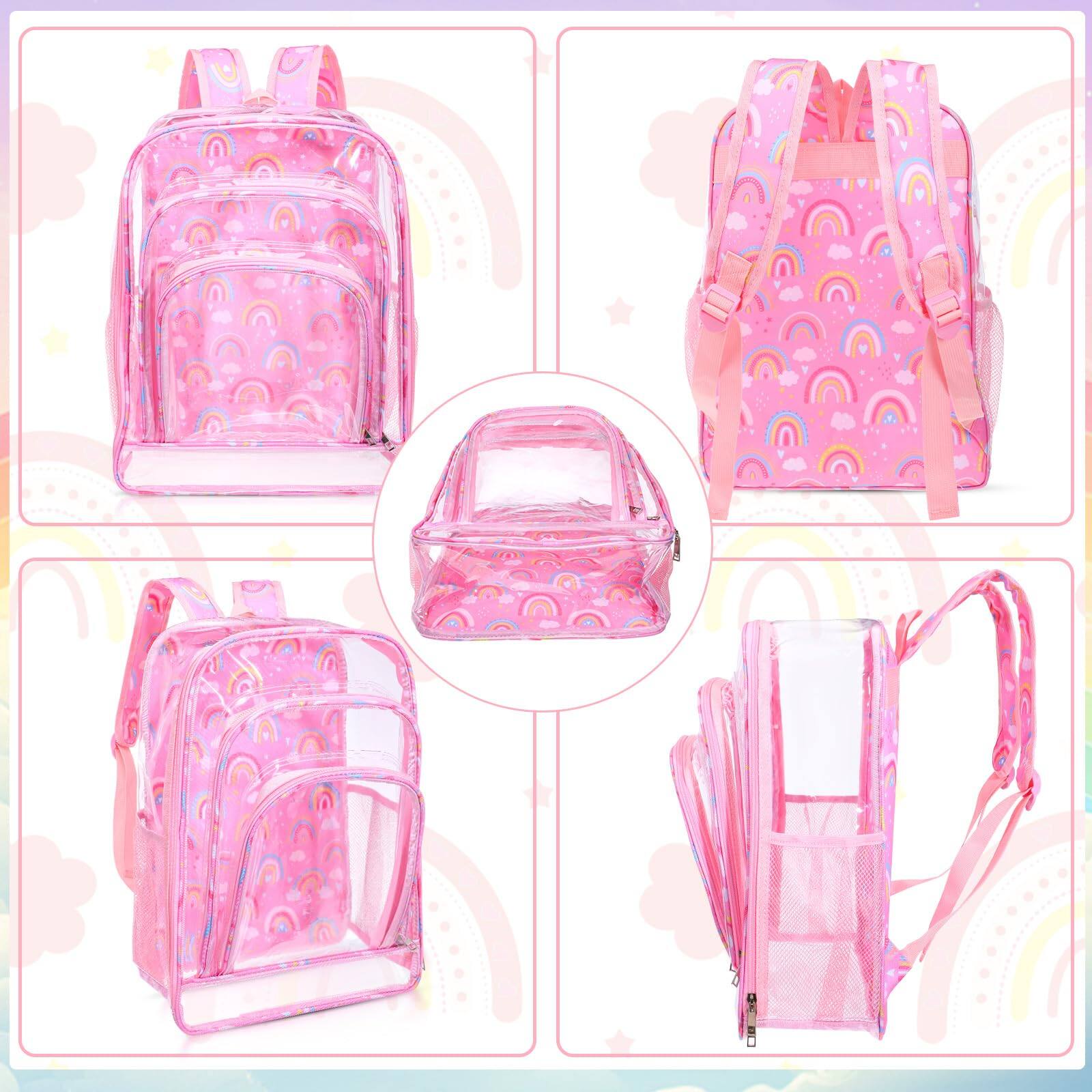 Alt View 1. Cozy Serene - 3 Clear To School Backpack For Girlslunch Bag Heavy Duty Transparent Rainbow Pink Bookbags With Lunch Box Pencil Case - Default.