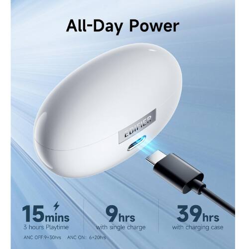 All-Day Power

15 mins  
3 hours Playtime with single charge

9 hrs  
with single charge

39 hrs  
with charging case

ANC OFF: 9+30hrs  
ANC ON: 6+20hrs