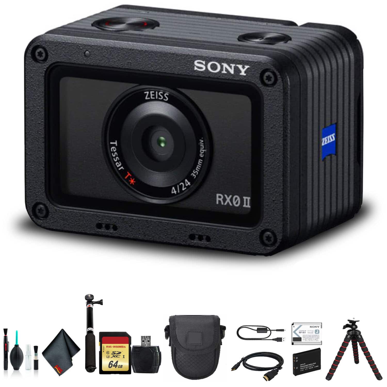 Sony - Cyber-shot DSC-RX0 II Camera DSC-RX0M2 With Soft Bag, Tripod, Additional Battery, 64GB Memory Card, Card Reader , P