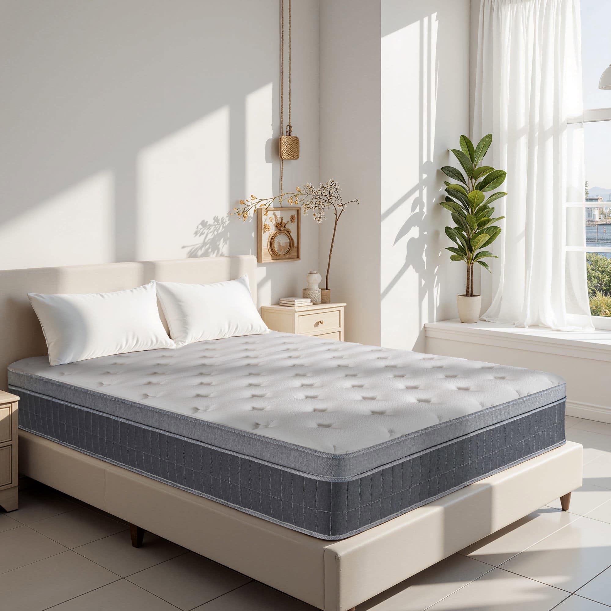 Angle. Kadyn - Boxed Memory Foam Hybrid Mattress With Pocketed Springs, 14 Inch Height Medium-Firm - White and Gray.