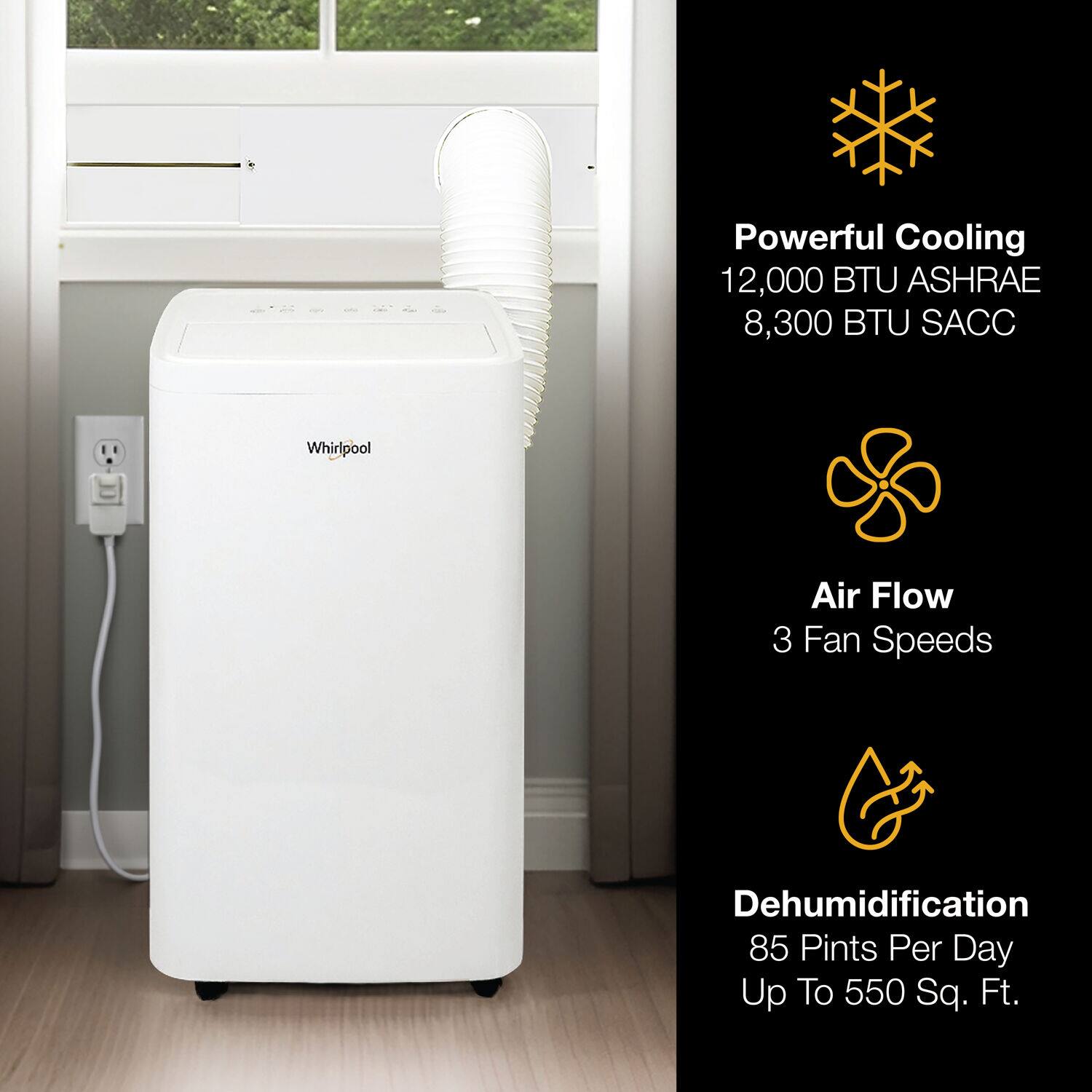 Powerful Cooling  
12,000 BTU ASHRAE  
8,300 BTU SACC  

Air Flow  
3 Fan Speeds  

Dehumidification  
85 Pints Per Day  
Up To 550 Sq. Ft.
