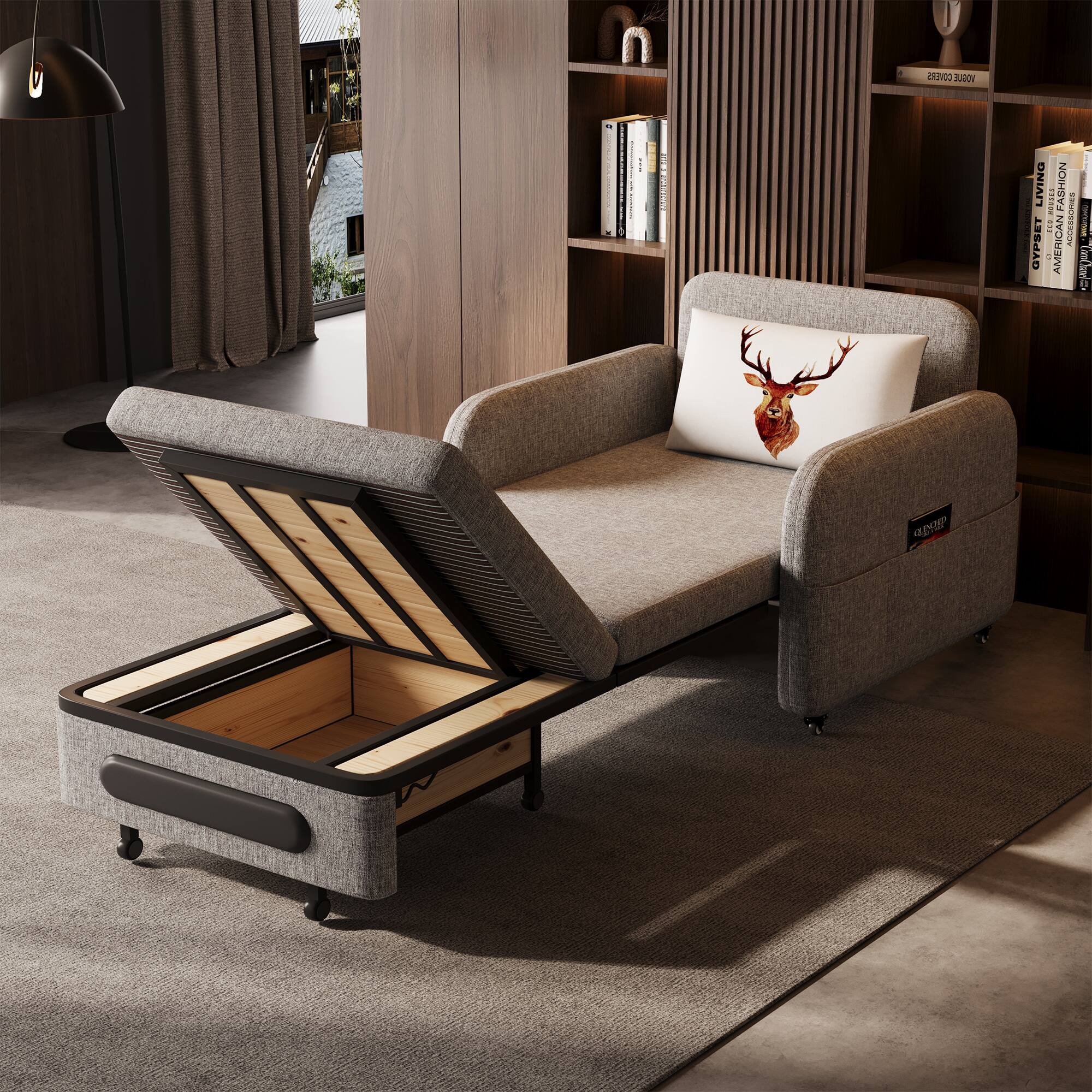 luck idea - 34.6" Sofa Bed with Storage Base and Side Pockets, Detachable Washable Seat Cushions - Gray