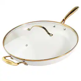 Gotham Steel - 14" Ultra Nonstick Ceramic Family Pan with Lid and Gold Stay Cool Handle - Cream