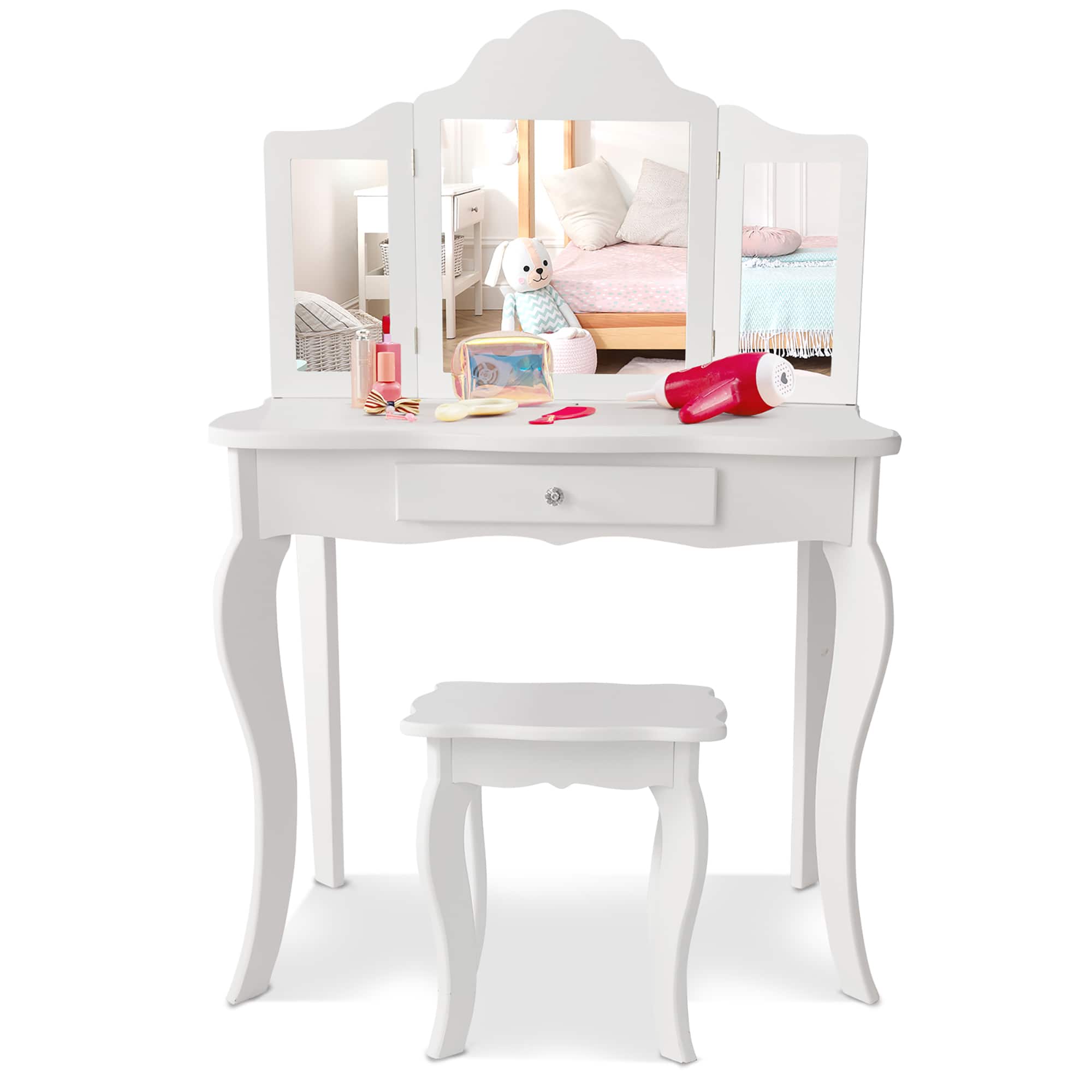 Costway - Vanity Table Set Makeup Dressing Table Kids Stool Mirror - White price history on PriceWatchPro