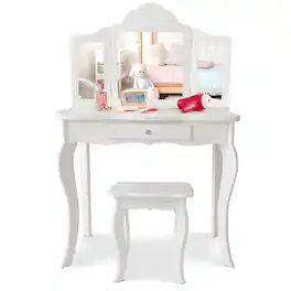 Costway - Vanity Table Set Makeup Dressing Table Kids Stool Mirror - White