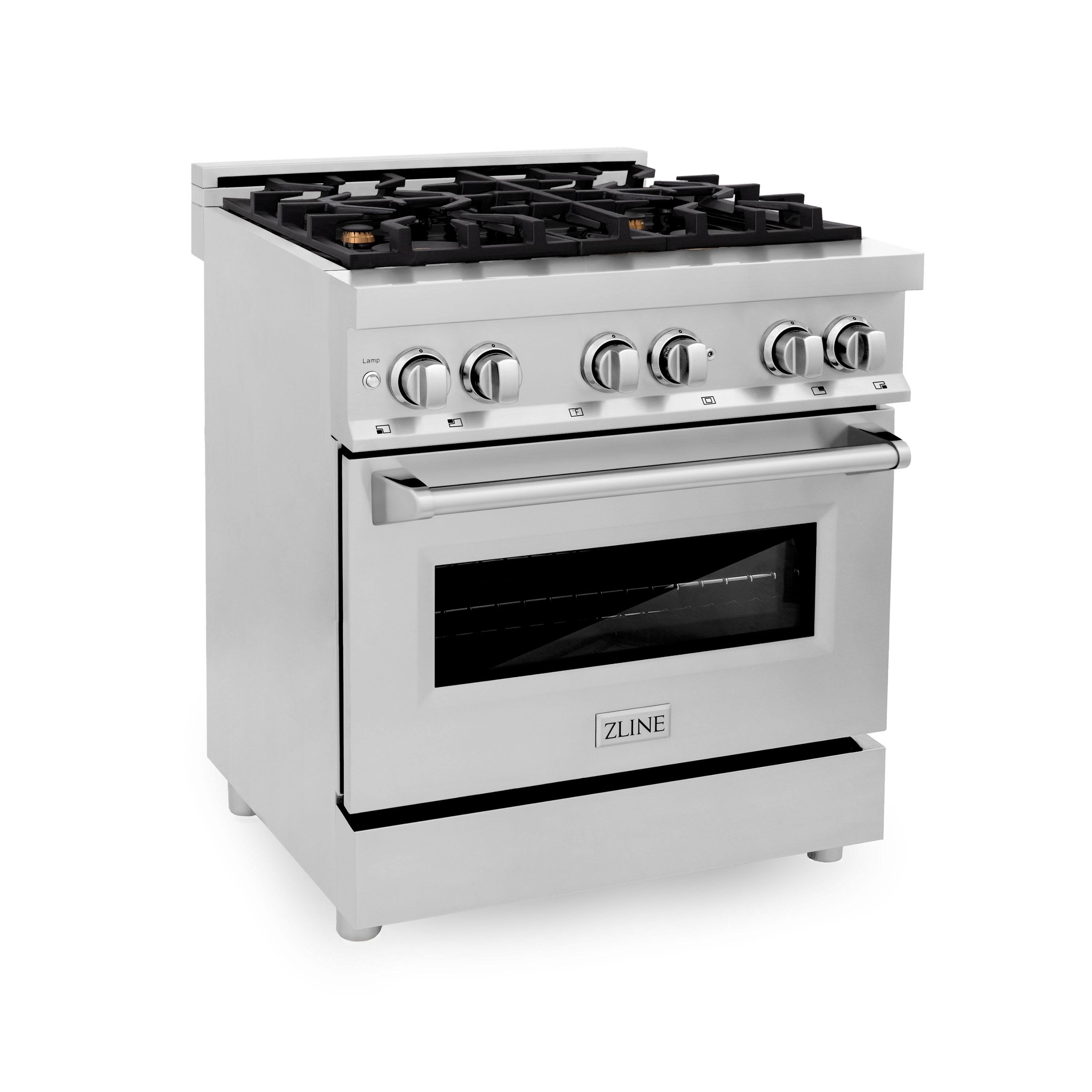 Angle. ZLINE - 30" Legacy Dual Fuel Range w/ Gas Cooktop & Electric Oven w/ 4 Brass Burners (RA-BR-30) - Stainless steel.