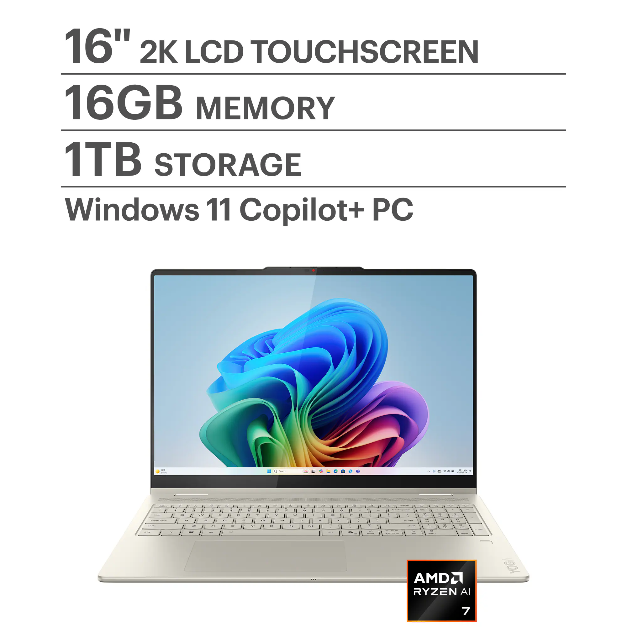 Lenovo - Yoga 7 2-in-1 - Copilot+ PC - 16" Full HD LCD Touchscreen Laptop - AMD Ryzen AI 7 350 2025 - 16GB Memory - 1TB SSD - Seashell