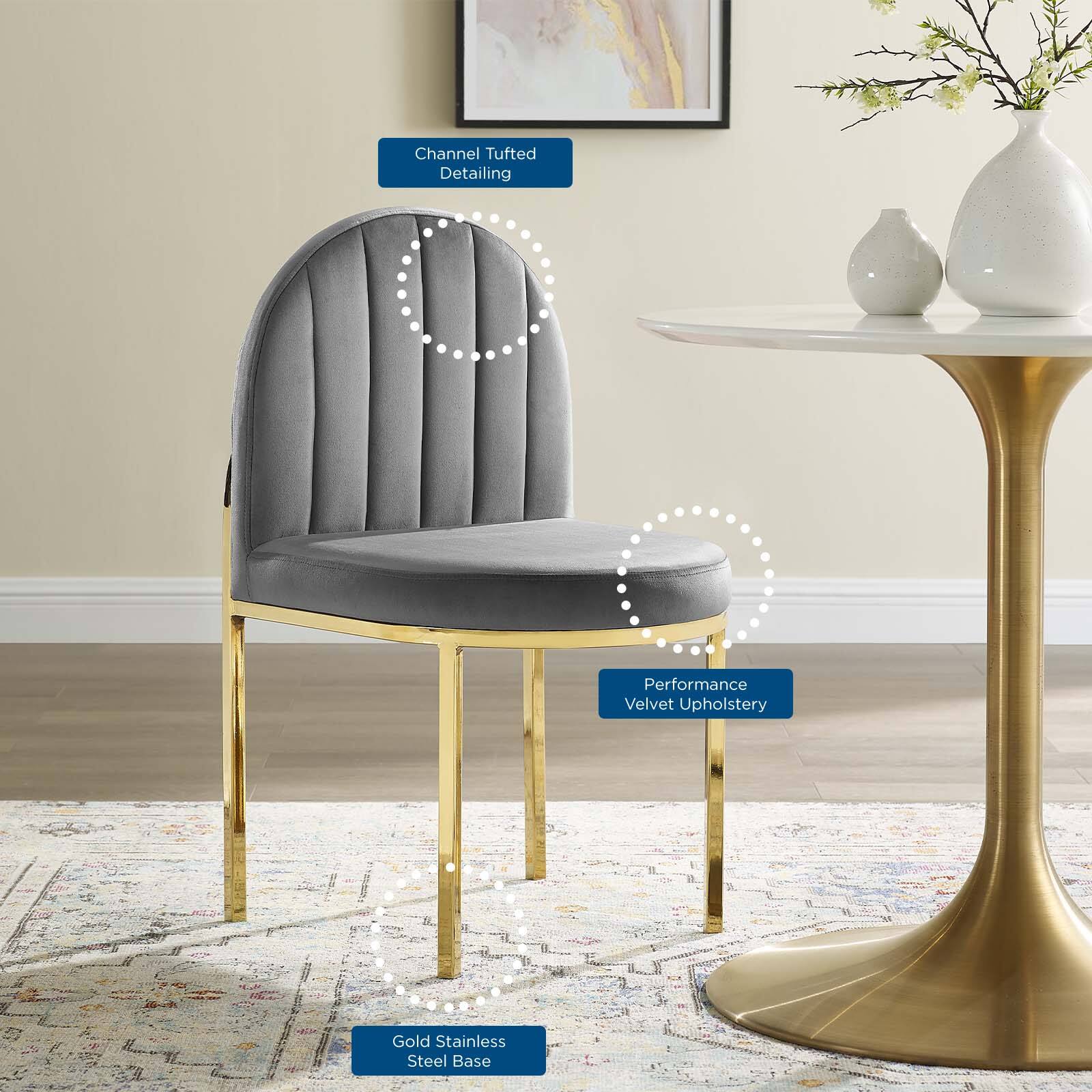 - Channel Tufted Detailing
- Performance Velvet Upholstery
- Gold Stainless Steel Base