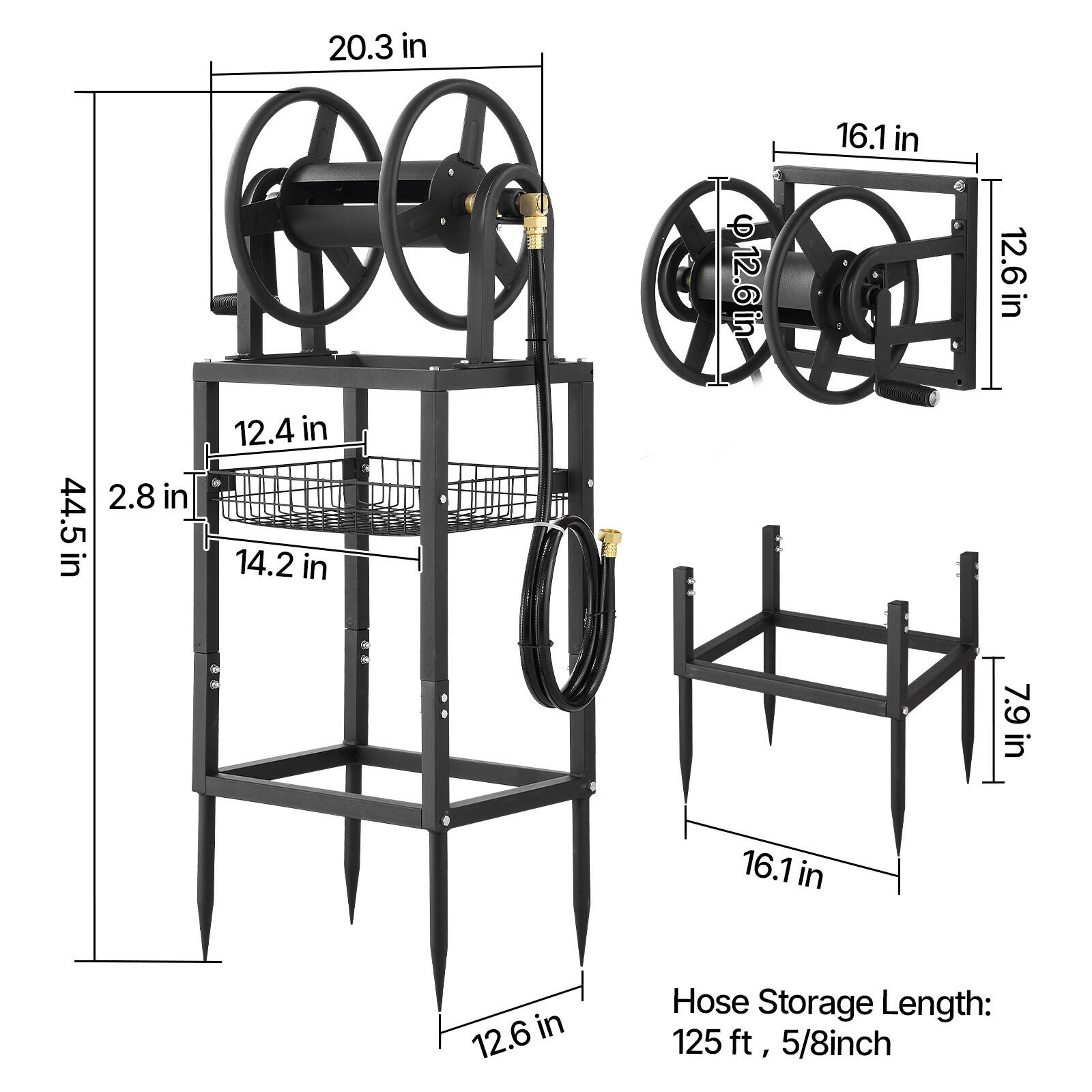 20.3 in  
2.8 in  
44.5 in  
12.4 in  
14.2 in  
12.6 in  
16.1 in  
7.9 in  
Hose Storage Length: 125 ft, 5/8 inch