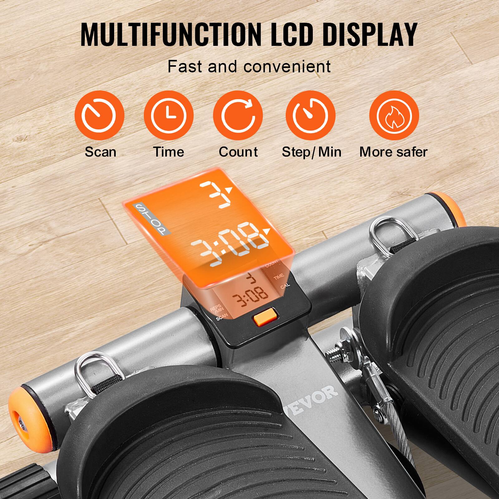 MULTIFUNCTION LCD DISPLAY  
Fast and convenient  

Scan  
Time  
Count  
Step/Min  
More safer  

3:08  
3:08