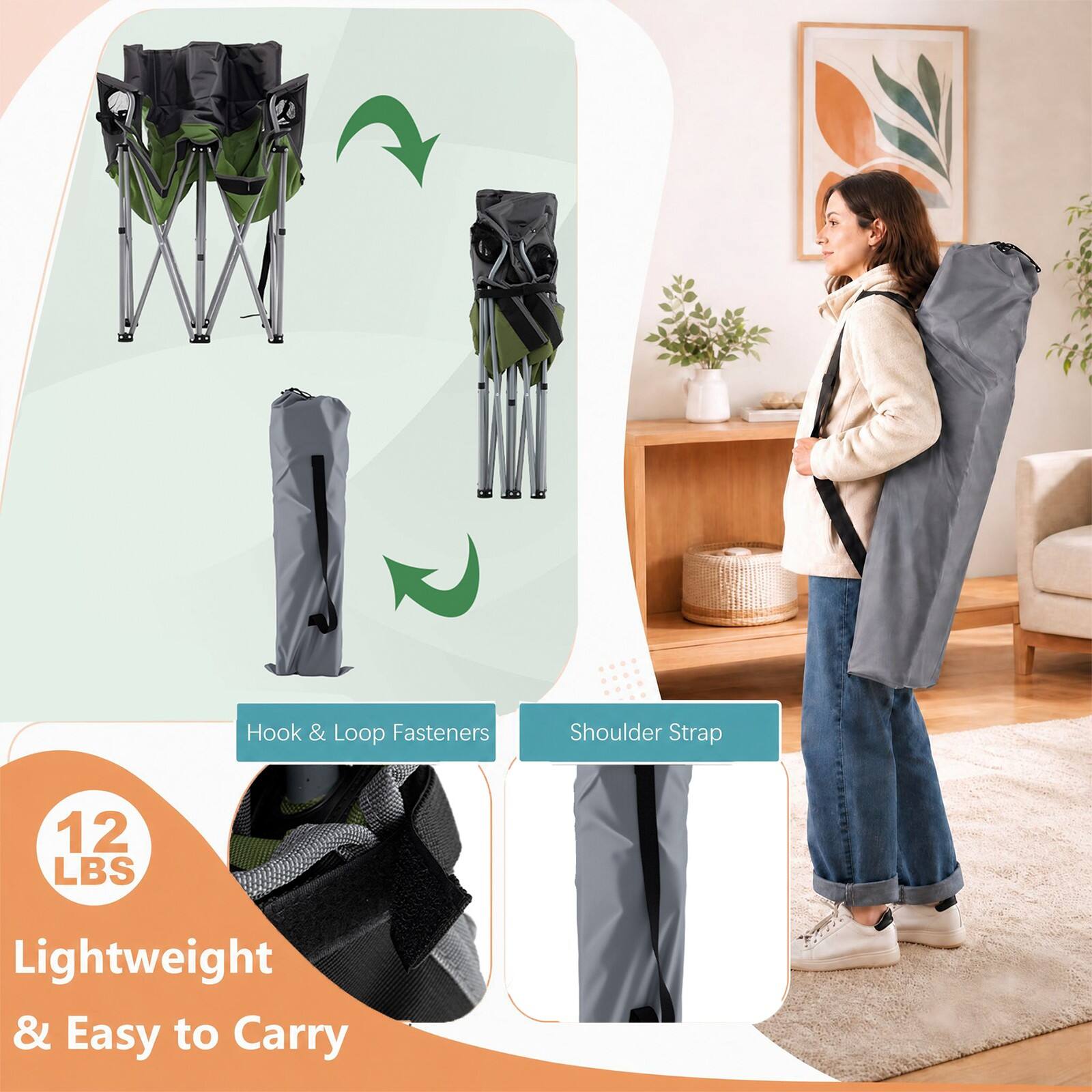 Hook & Loop Fasteners  
Shoulder Strap  
12 LBS  
Lightweight & Easy to Carry