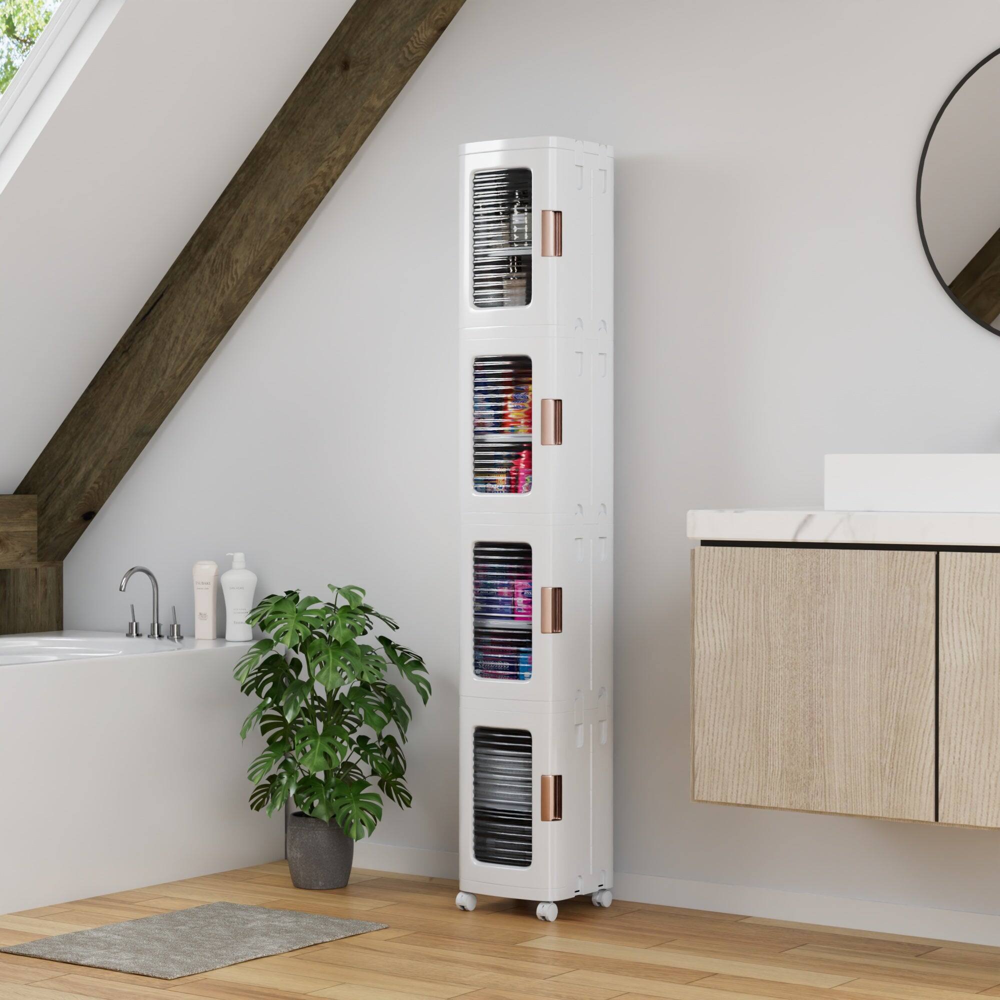 Alt View 5. Vecelo - Slim Bathroom Floor Storage Cabinet, Bathroom Storage Cabinet, Freestanding Bathroom Cabinet, Foldable Storage Unit - White.
